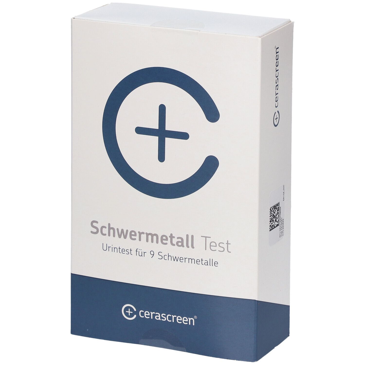 Karton von cerascreen® Schwermetall Test. Weiß mit blauem Logo und Text. Enthält Test für 9 Schwermetalle.