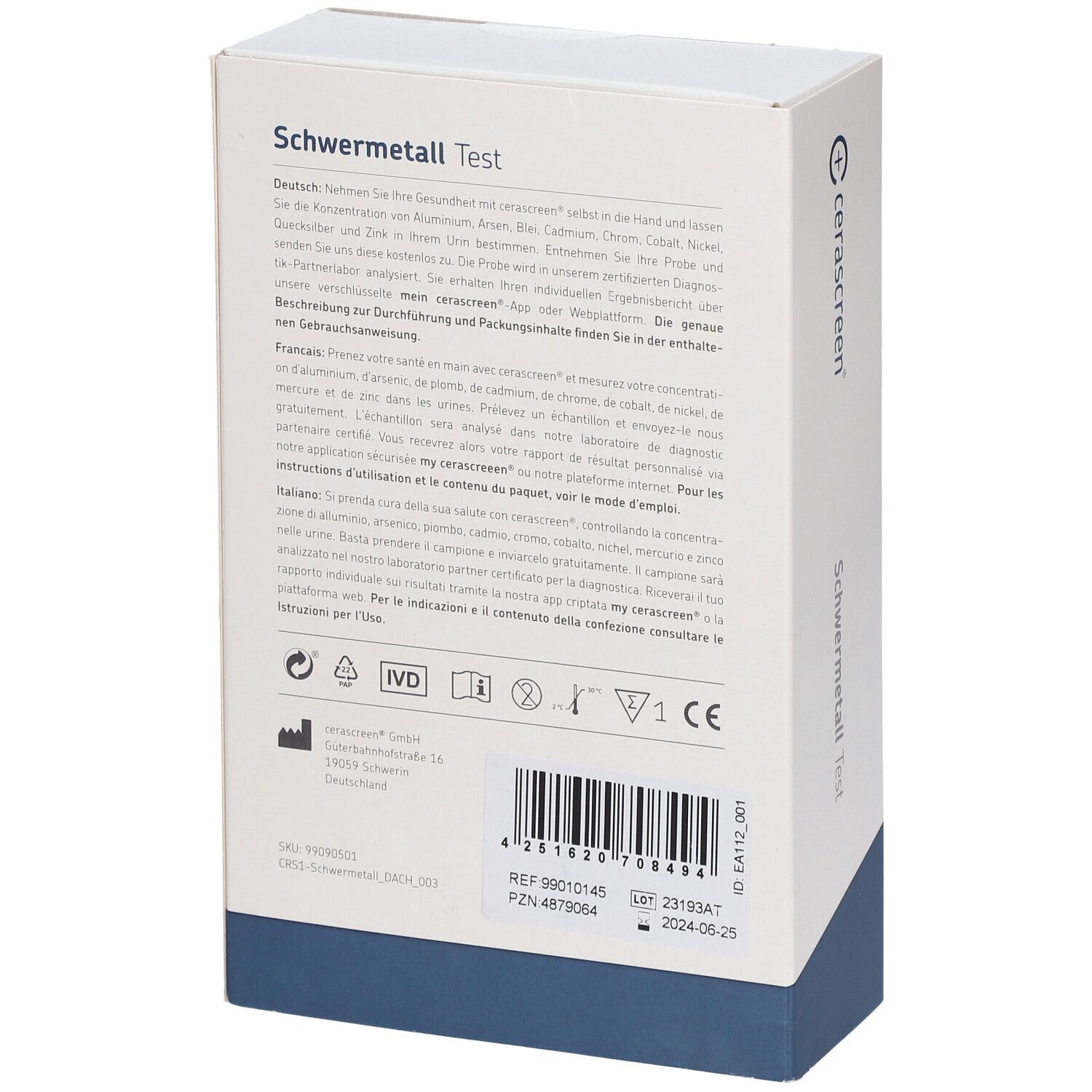 Rückseite der cerascreen® Schwermetall Test-Verpackung. Text in Deutsch, Französisch und Italienisch. Enthält Informationen.