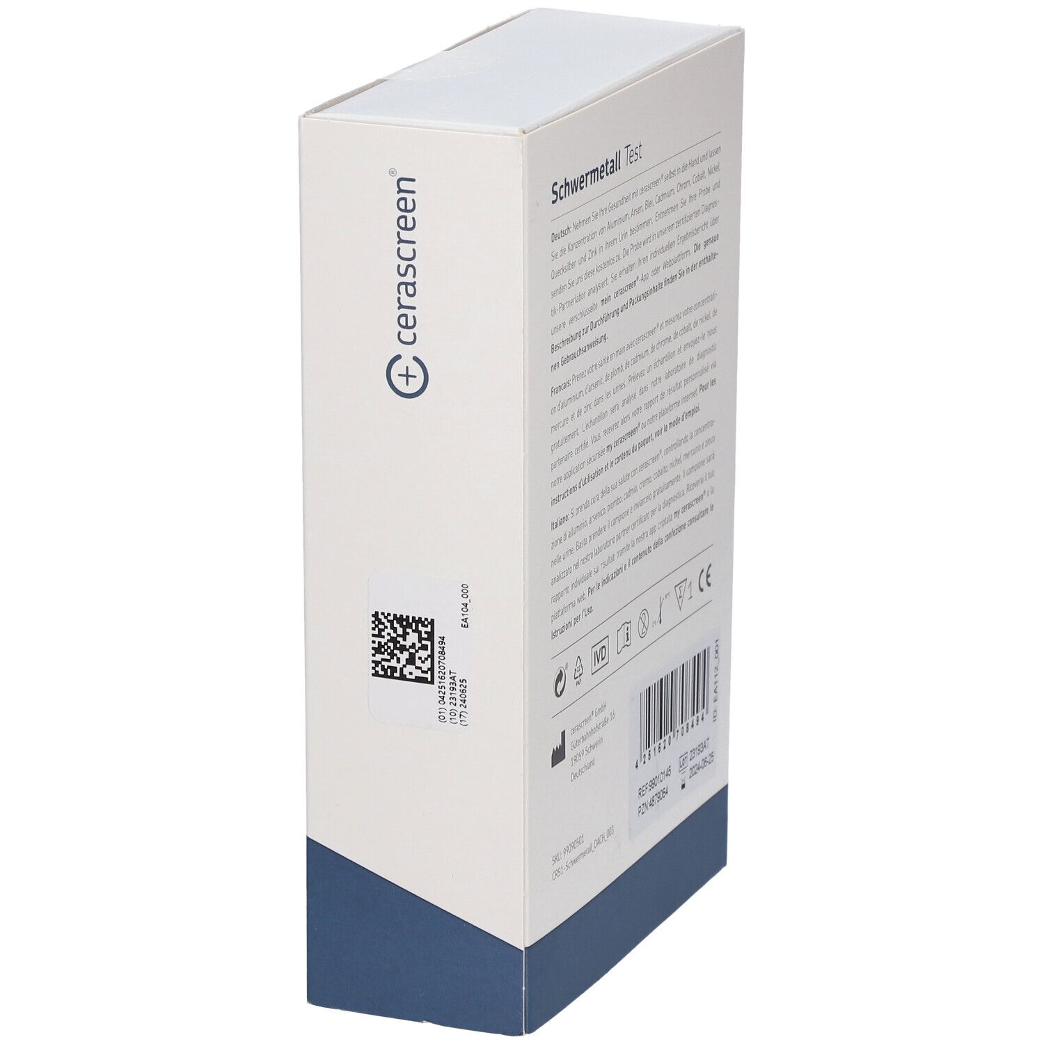 Seite der cerascreen® Schwermetall Test-Verpackung. QR-Code und Text. Weiß mit blauem Akzent.