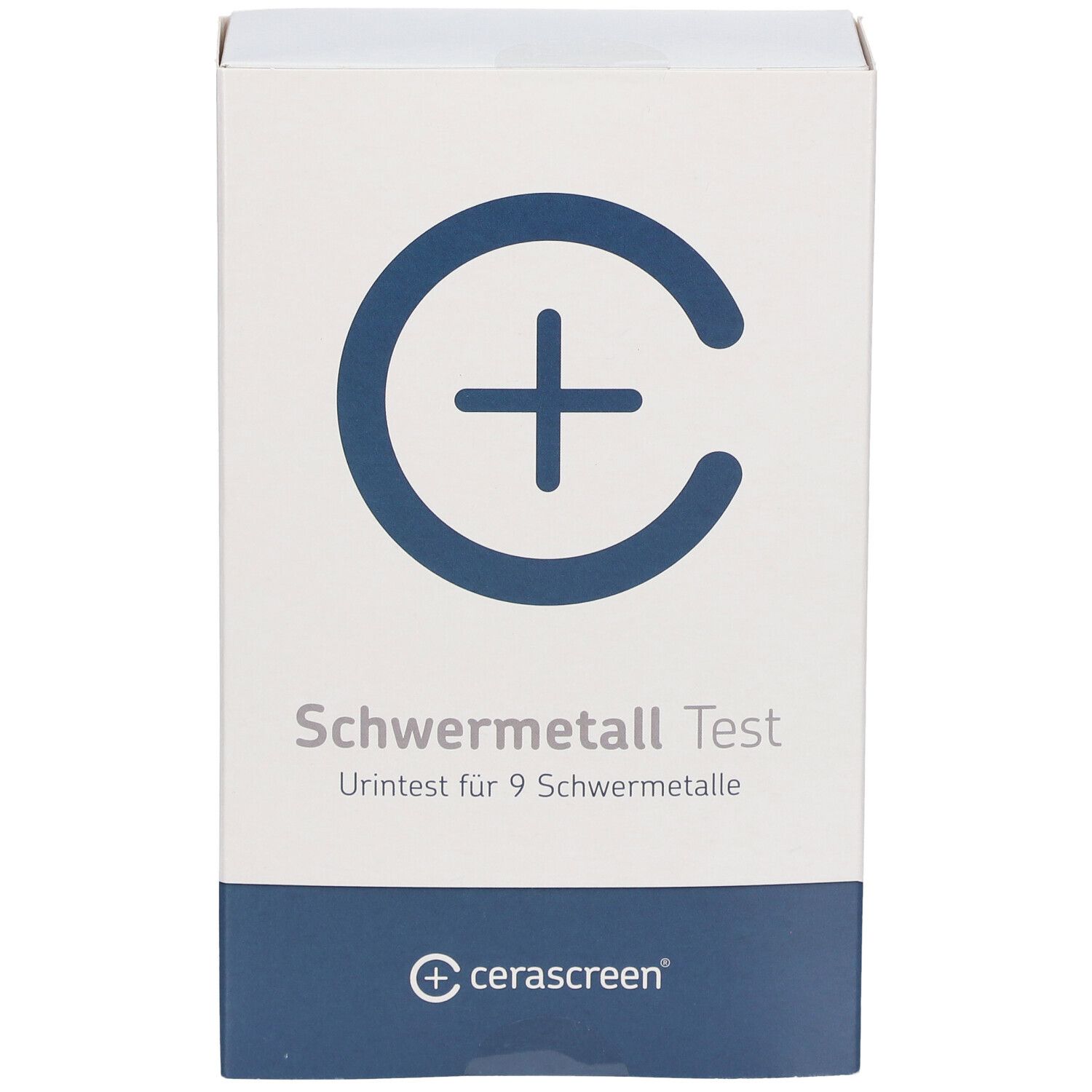Vorderseite der cerascreen® Schwermetall Test-Verpackung. Weiß mit blauem Logo und Text. Test für 9 Schwermetalle.