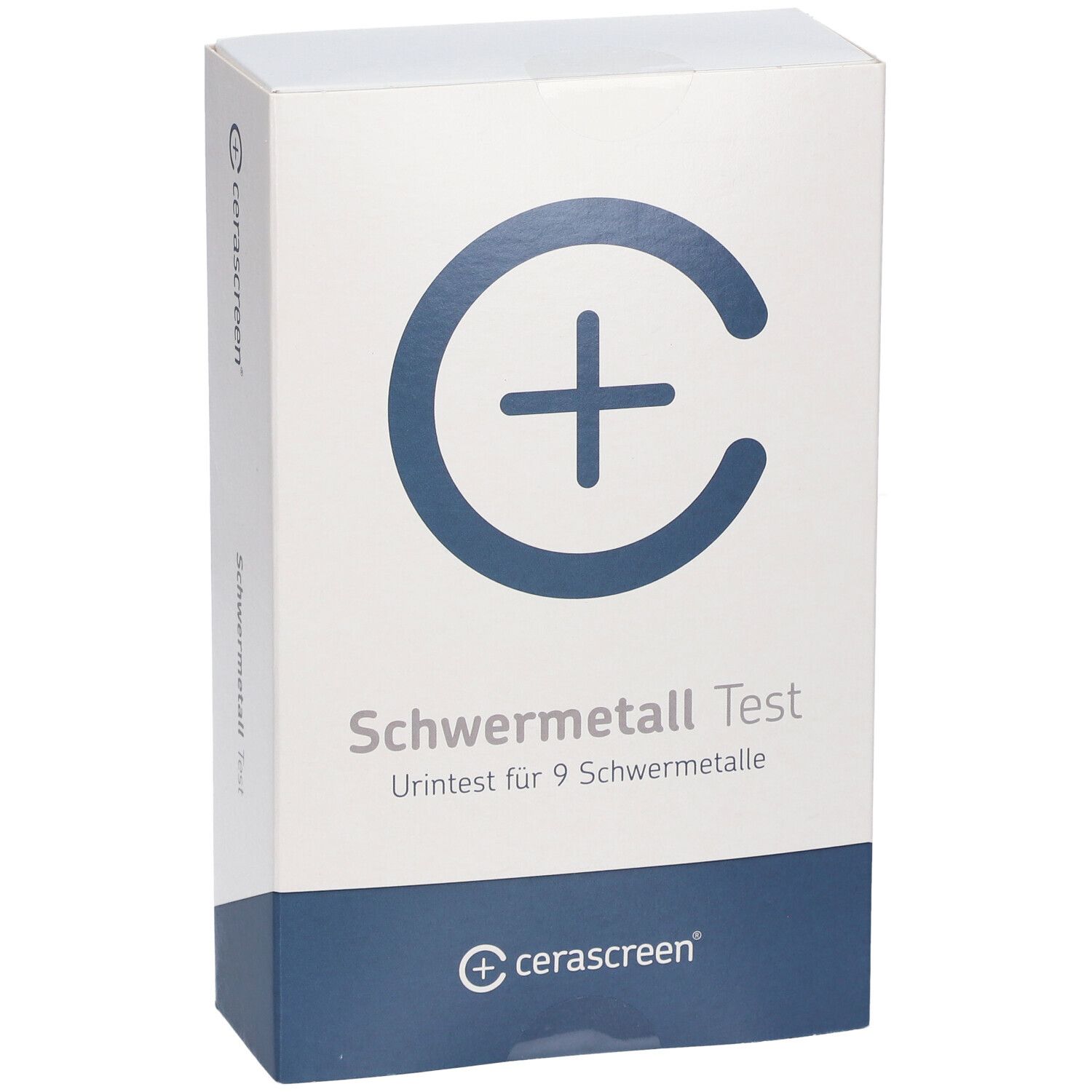 Karton von cerascreen® Schwermetall Test. Weiß mit blauem Logo und Text. Schräge Ansicht.