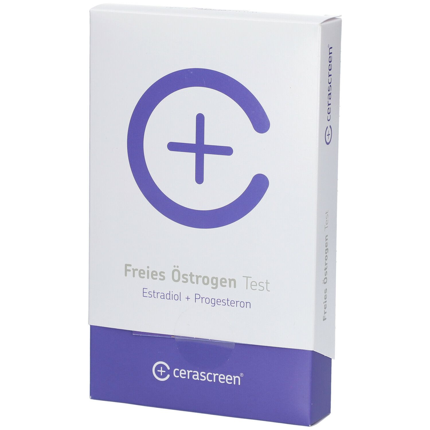 Verpackung des cerascreen® Freies Östrogen Tests. Weiß mit lila Akzenten. Logo und Produktname deutlich sichtbar.