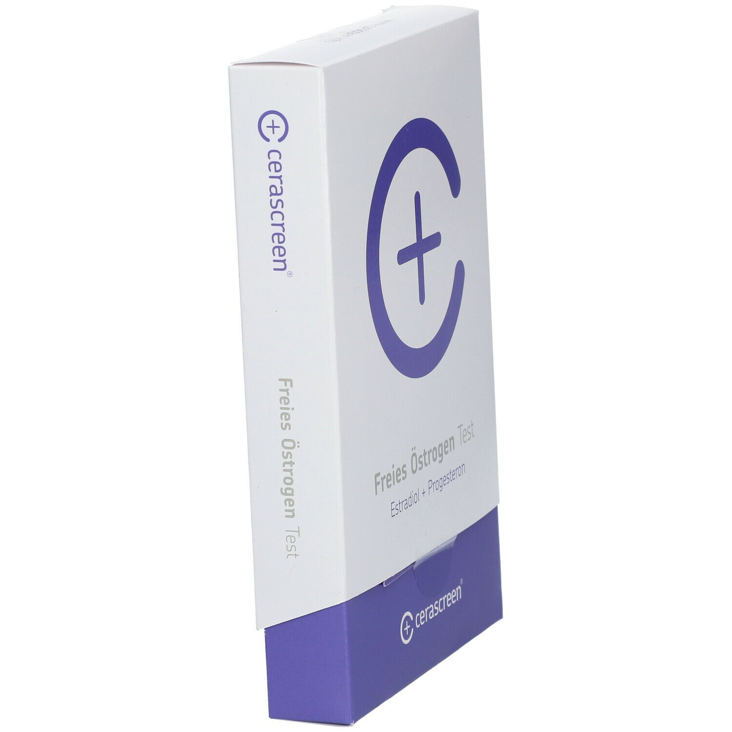 Schräg stehende Verpackung des cerascreen® Freies Östrogen Tests. Weiß mit lila Basis. Logo und Produktname sichtbar.