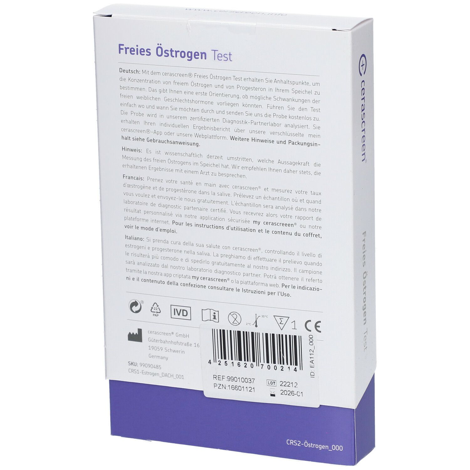 Rückseite der Verpackung des cerascreen® Freies Östrogen Tests. Text in mehreren Sprachen, Barcode und Logos.