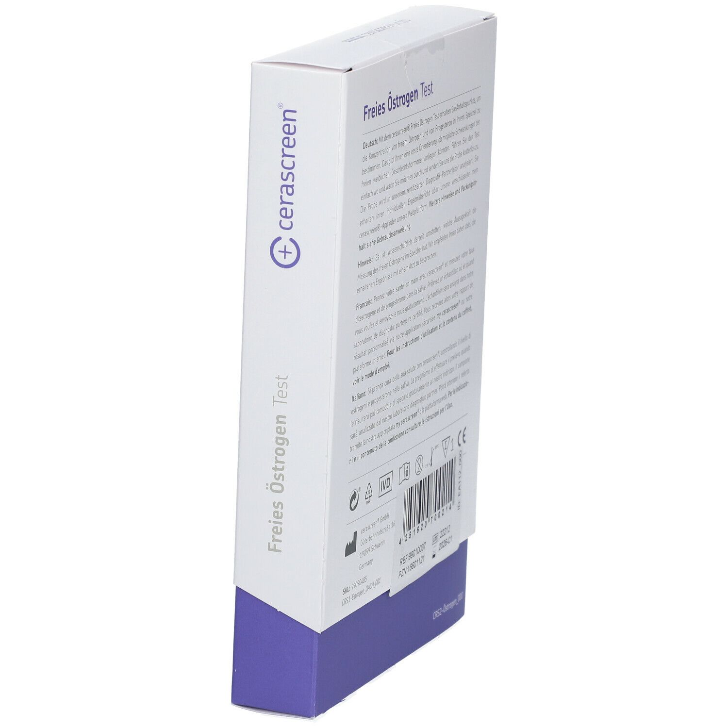 Schräg stehende Verpackung des cerascreen® Freies Östrogen Tests. Rückseite mit Text und Logos. Weiß und lila.