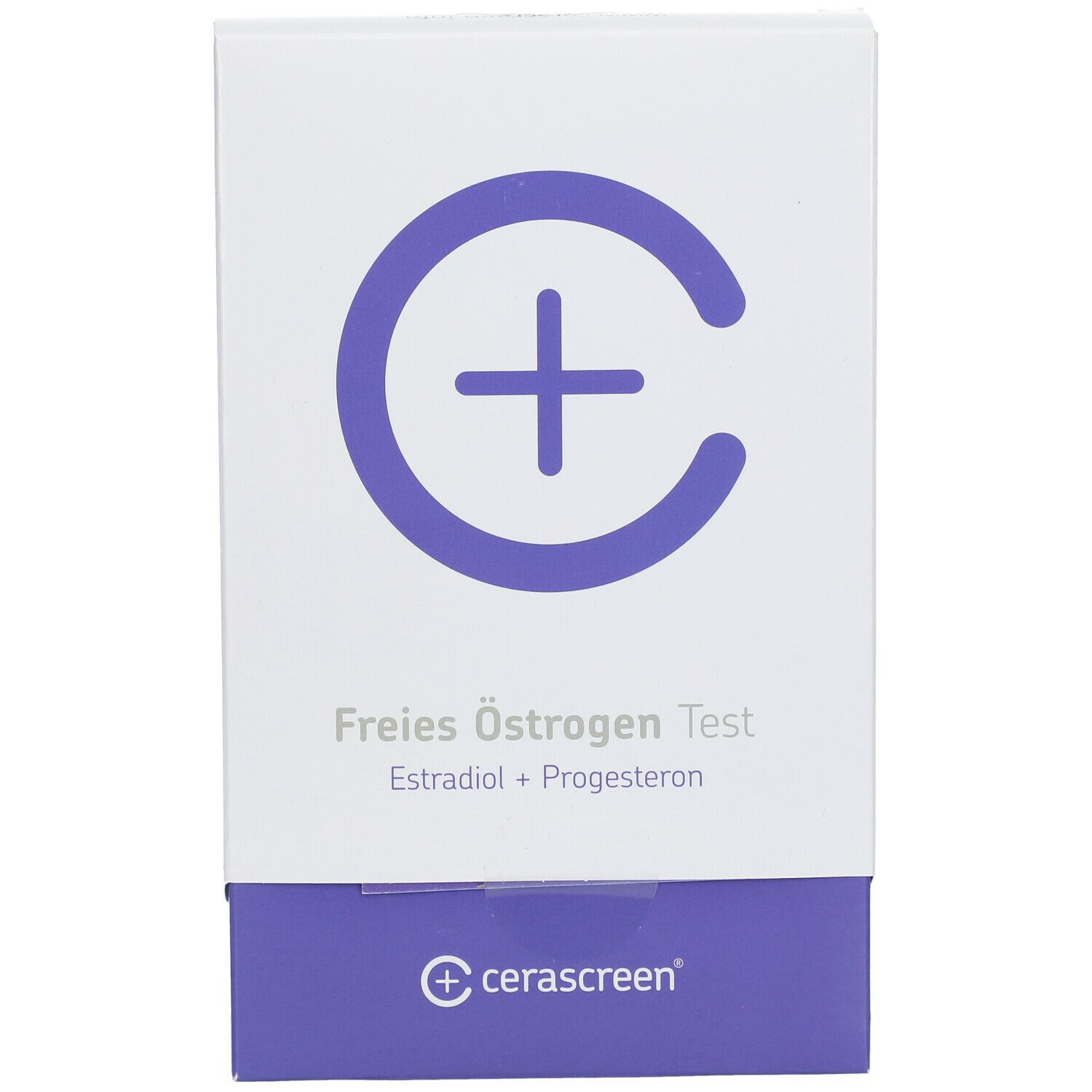 Vorderansicht der Verpackung des cerascreen® Freies Östrogen Tests. Weiß mit lila Akzenten. Logo und Produktname.