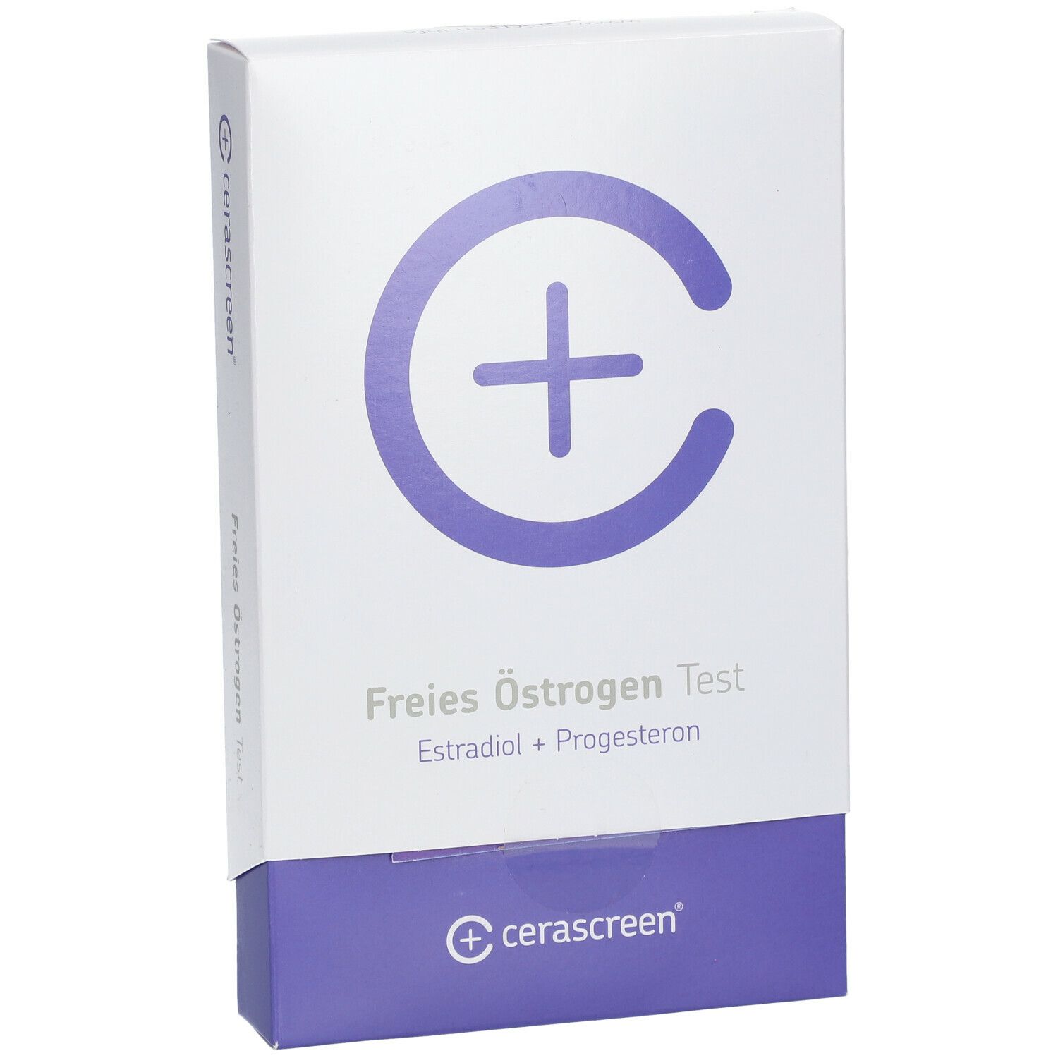 Schräg stehende Verpackung des cerascreen® Freies Östrogen Tests. Vorderseite mit Logo und Produktname. Weiß und lila.