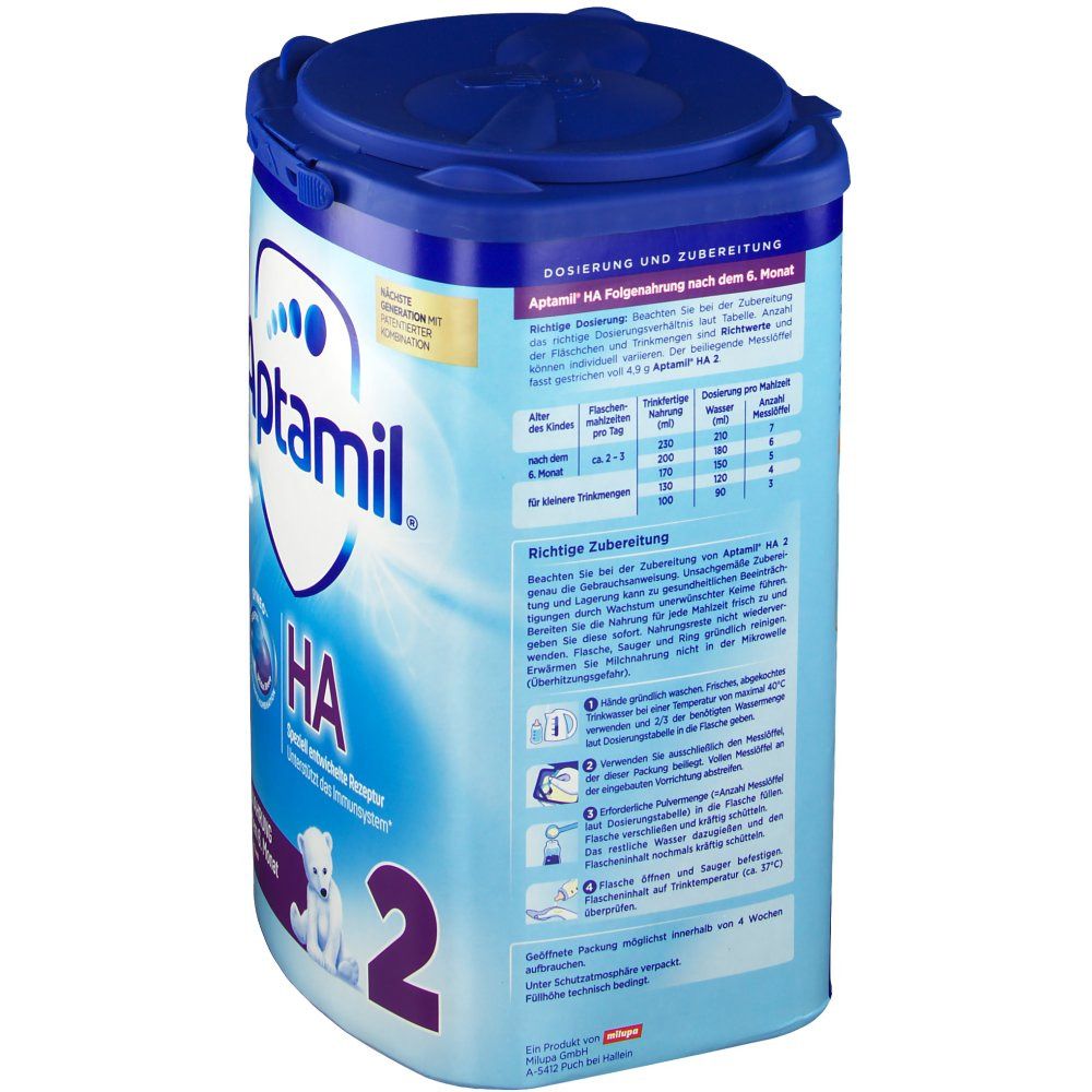Aptamil HA 2-Formulanahrung Dose, Seitenansicht. Blaue Dose mit Deckel. Text: Dosierung und Zubereitung. Informationen zur Zubereitung.
