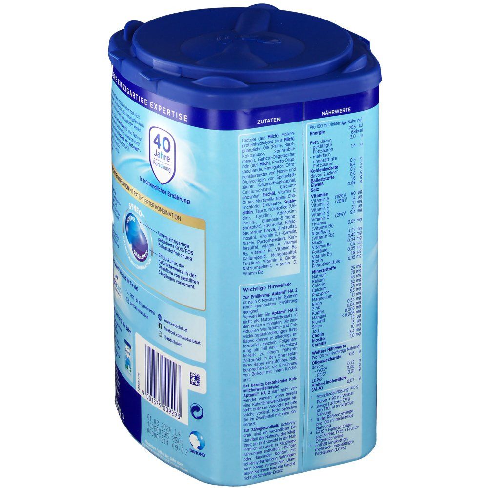 Aptamil HA 2-Formulanahrung Dose, schräge Rückansicht. Blaue Dose mit Deckel. Text: Zutaten, Nährwerte, Informationen.