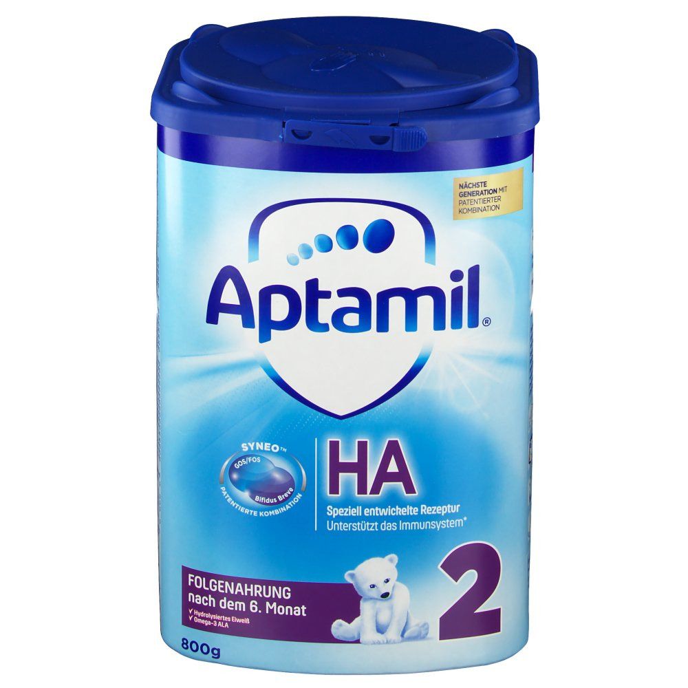 Aptamil HA 2-Formulanahrung in Dose. Blaue Dose mit Deckel. Aufschrift Aptamil, HA, 2, und ein Eisbär. 800g.