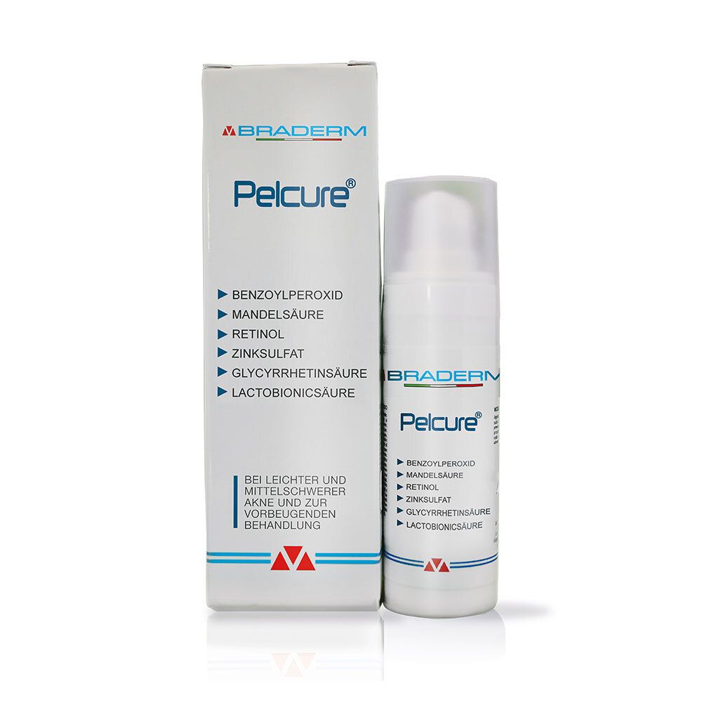 Pelcure® Creme-Verpackung und -Flasche. Auf der Flasche sind Inhaltsstoffe wie Benzoylperoxid und Retinol aufgeführt.