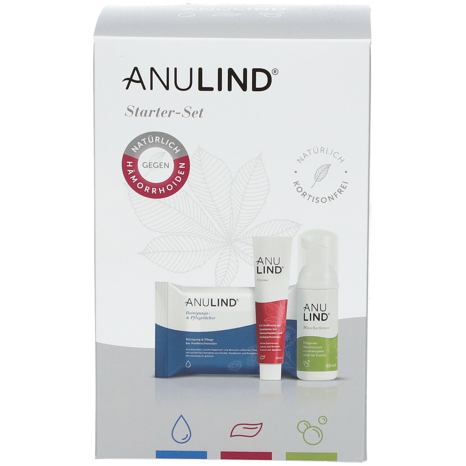 ANULIND® Starter-Set. Karton mit drei Produkten: Reinigungstücher, Creme, Waschschaum. Natürliche Inhaltsstoffe, gegen Hämorrhoiden.