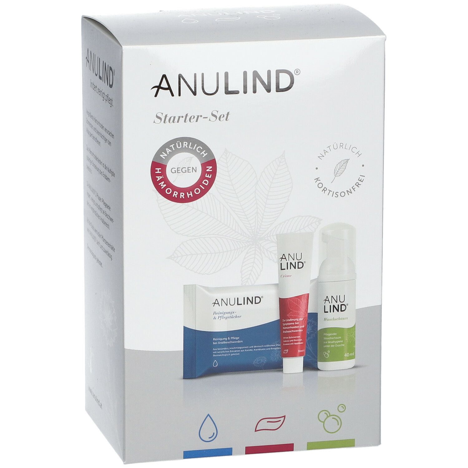 ANULIND® Starter-Set. Karton mit drei Produkten: Reinigungstücher, Creme, Waschschaum. Natürliche Inhaltsstoffe, gegen Hämorrhoiden.