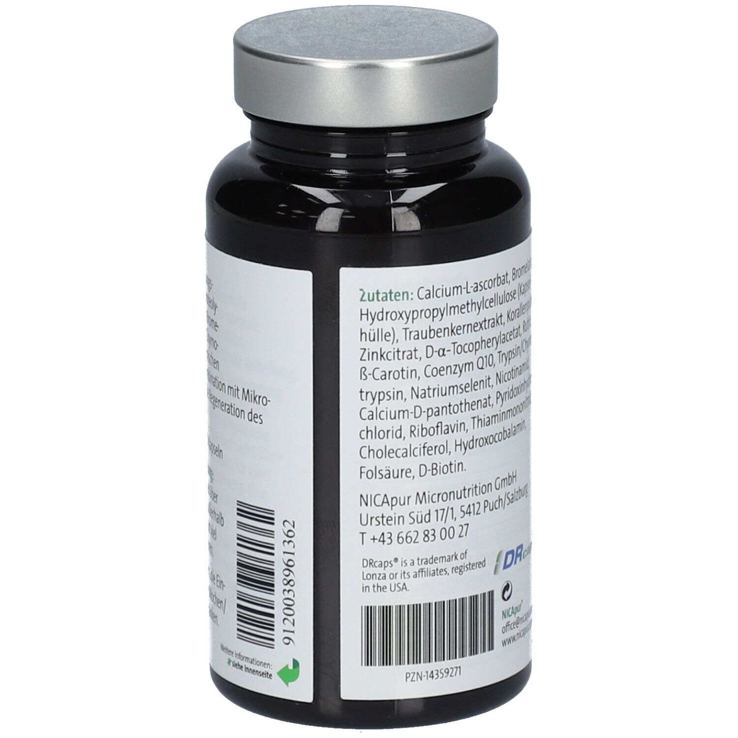 Rückseite der schwarzen Flasche. Zutatenliste, Barcode, Herstellerinformationen. DRcaps-Logo.