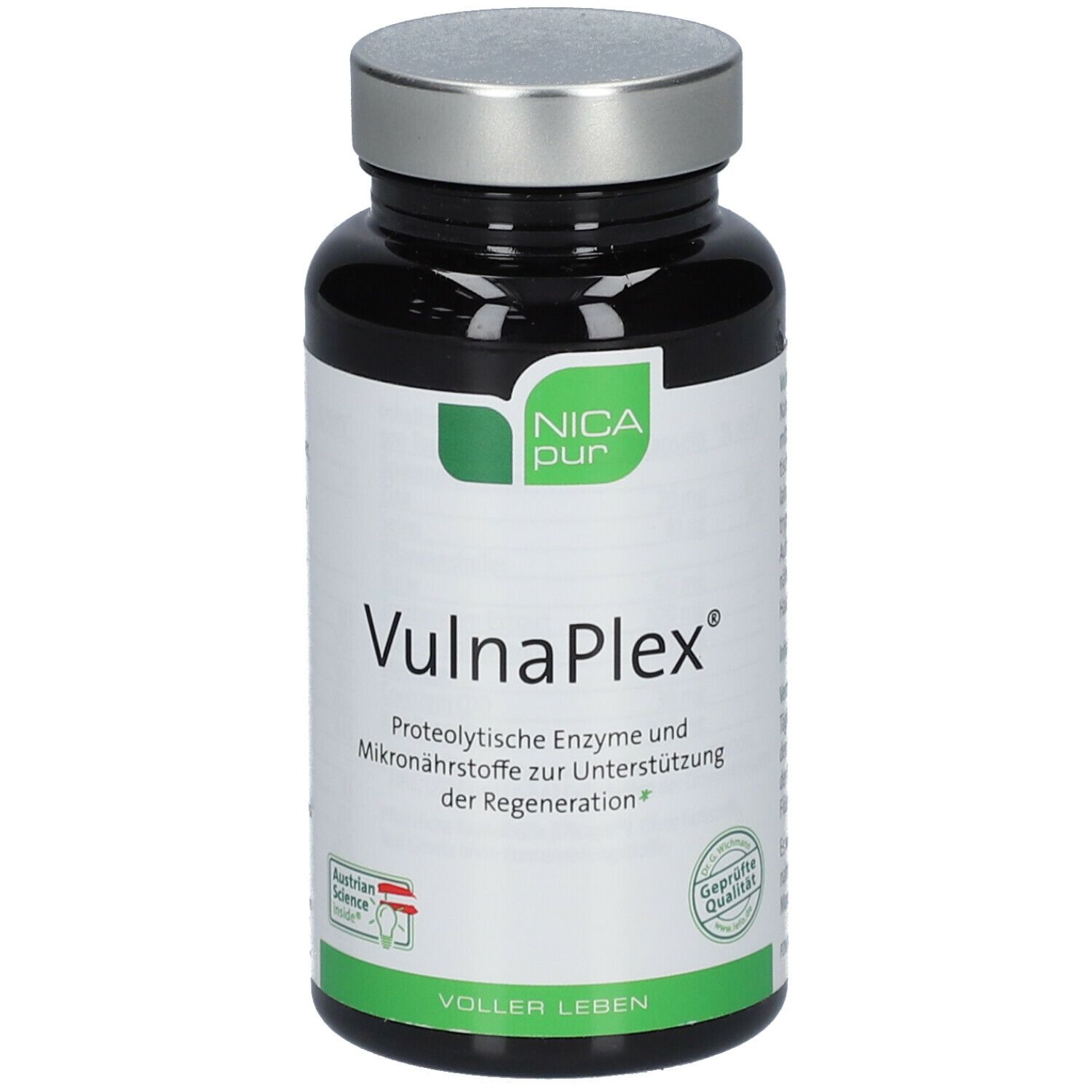 Schwarze Flasche mit weißem Etikett. Aufschrift: NICApur VulnaPlex. Grün-weißes Logo. Geprüfte Qualität.