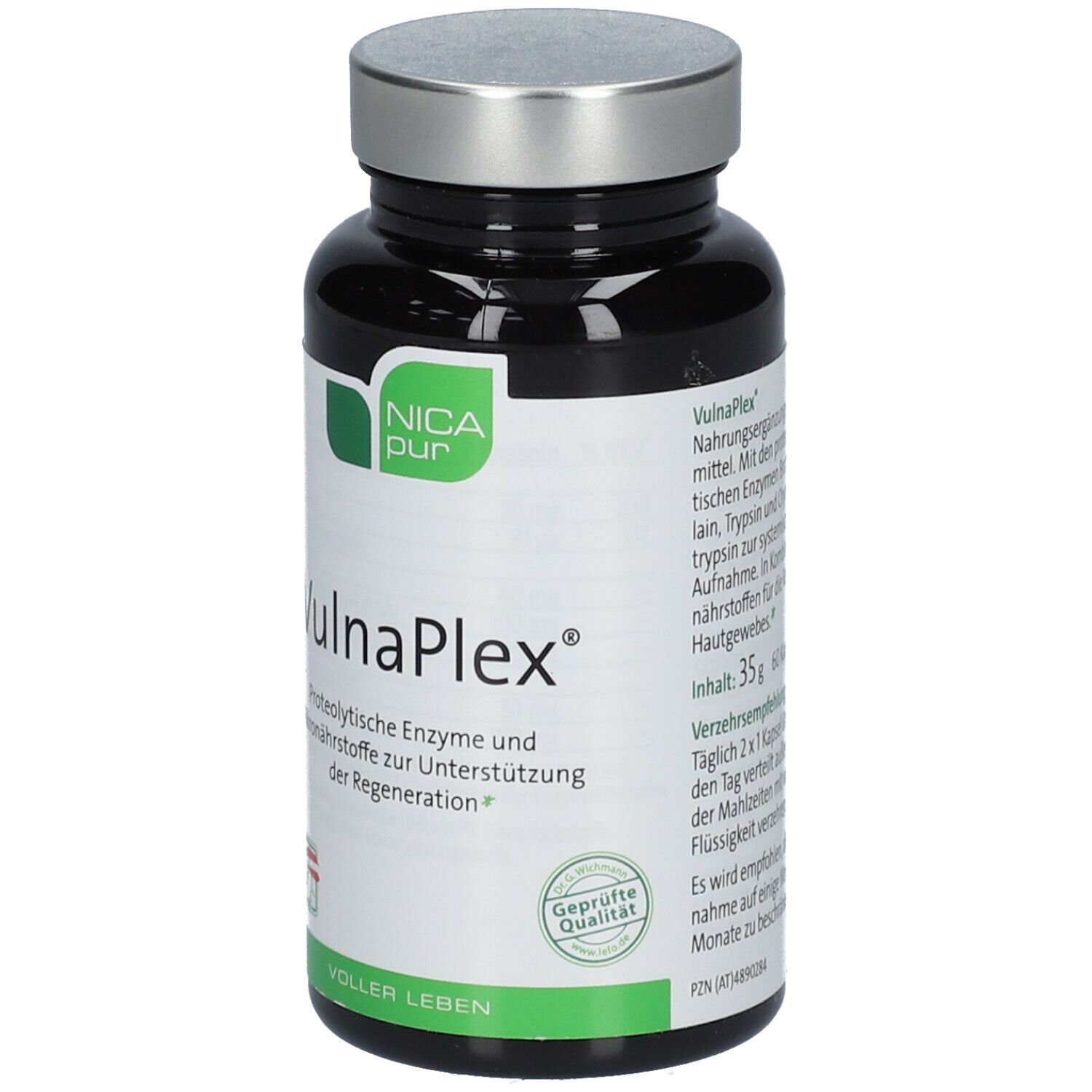 Schwarze Flasche mit weißem Etikett. Aufschrift: NICApur VulnaPlex. Inhalt: 35g. 60 Kapseln.