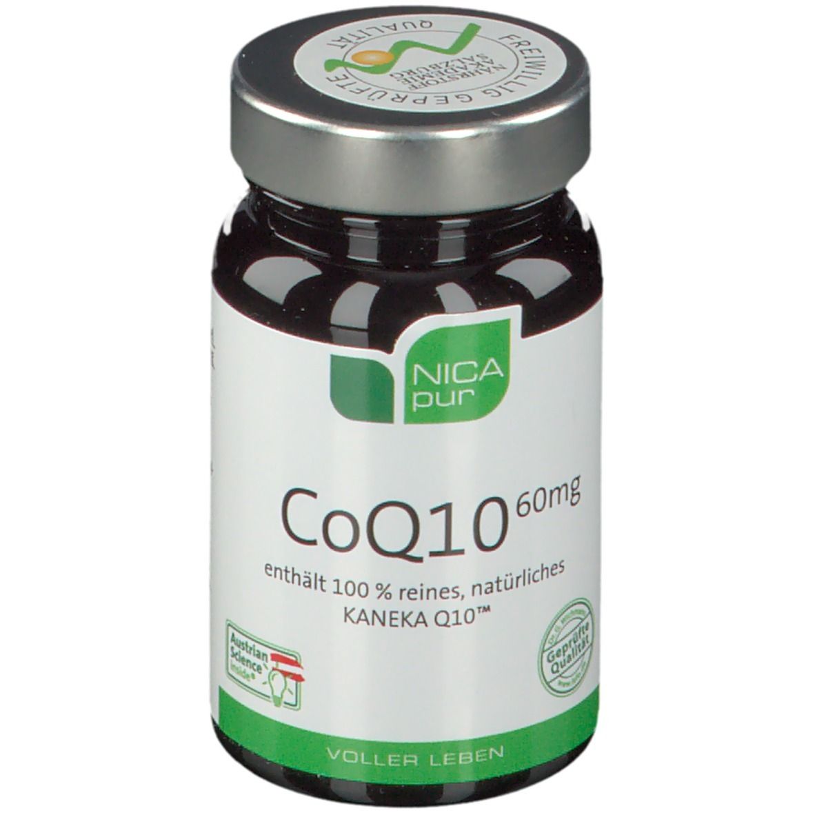 Braune Glasflasche mit silbernem Deckel. Etikett mit "NICApur CoQ10 60mg". Zertifizierungen.