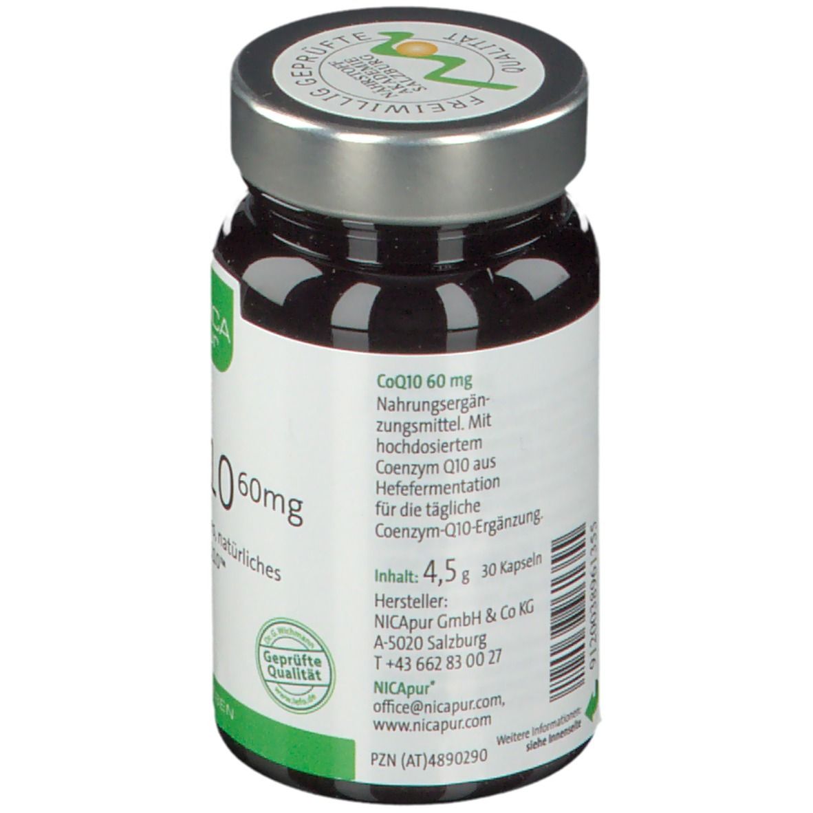 Rückseite der Flasche. Etikett mit Produktinformationen: "CoQ10 60 mg", Inhaltsstoffe, Hersteller.