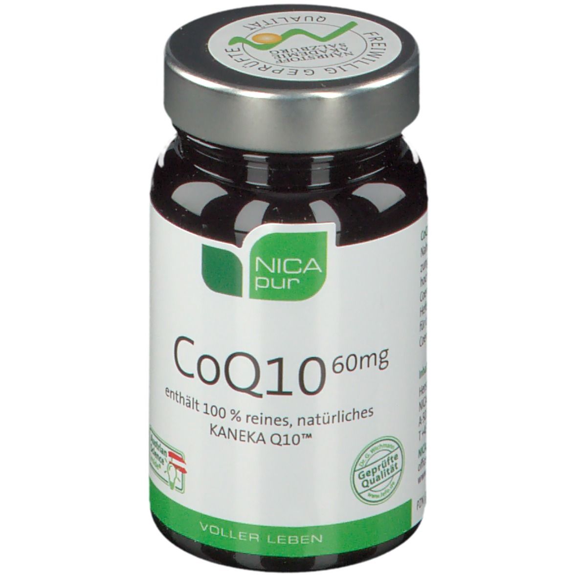 Braune Glasflasche mit silbernem Deckel. Etikett mit "NICApur CoQ10 60mg". Zertifizierungen.