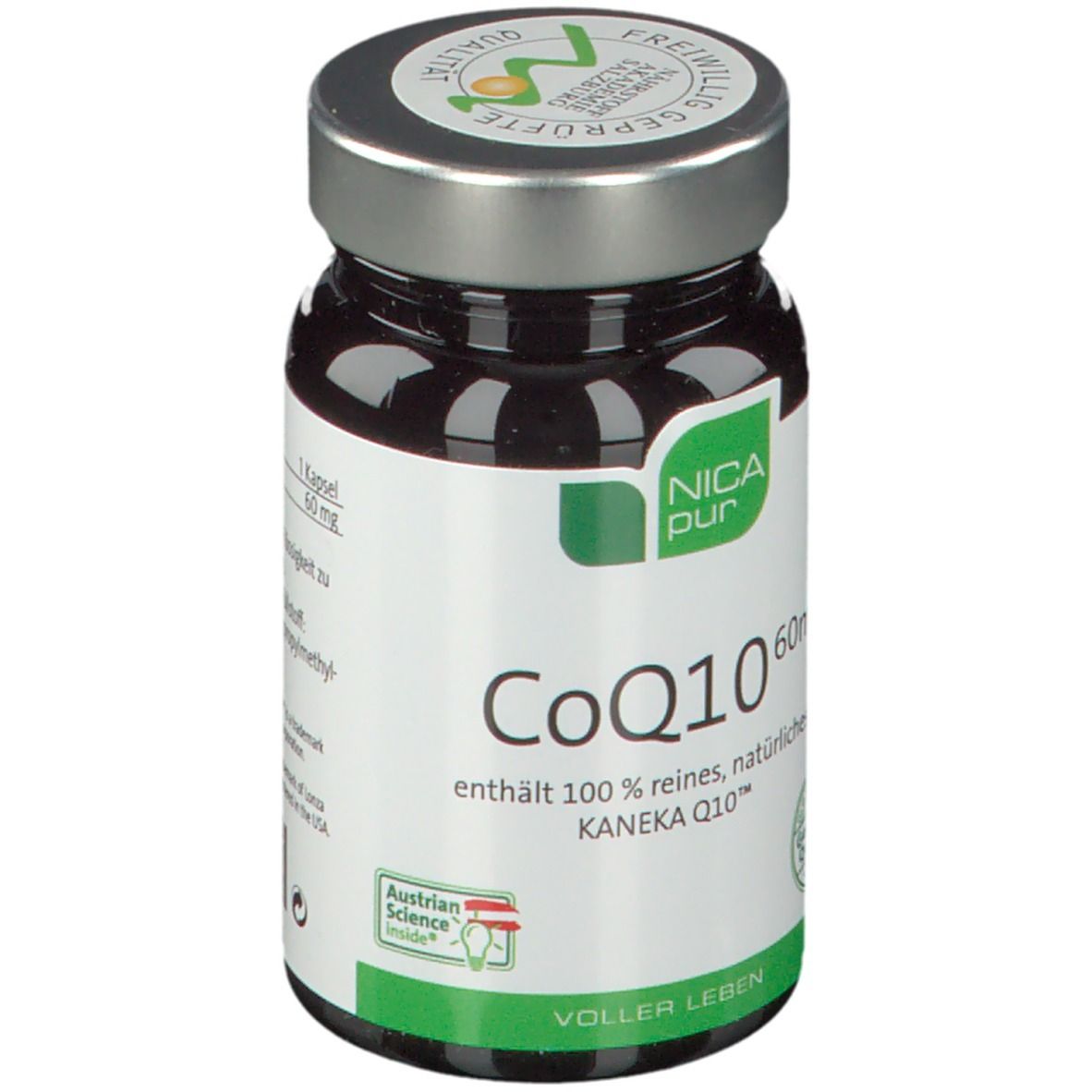 Braune Glasflasche mit silbernem Deckel. Etikett mit "NICApur CoQ10 60mg". Zertifizierungen.