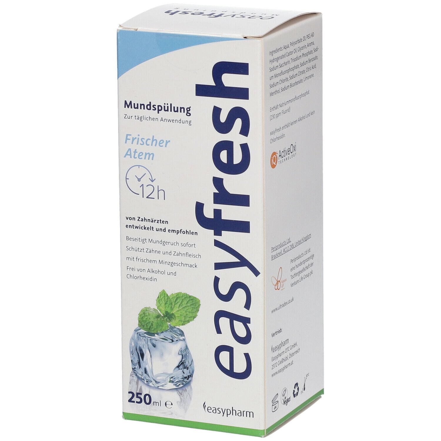Karton von easyfresh Mundspülung. Aufschrift: Frischer Atem, 12h, 250ml. Abbildung von Eiswürfel mit Minze.