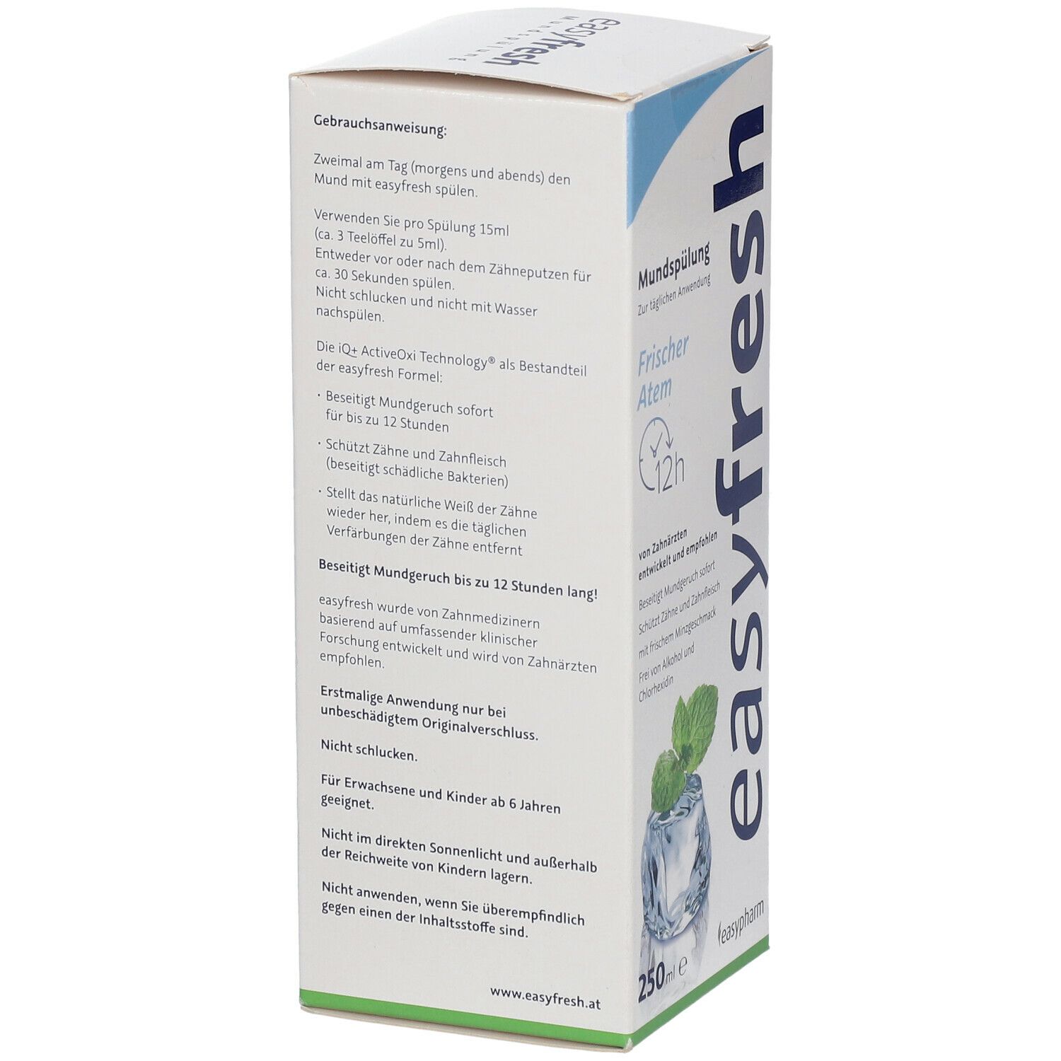 Rückseite der easyfresh Mundspülung-Verpackung. Text über Anwendung, Inhaltsstoffe und Hersteller.