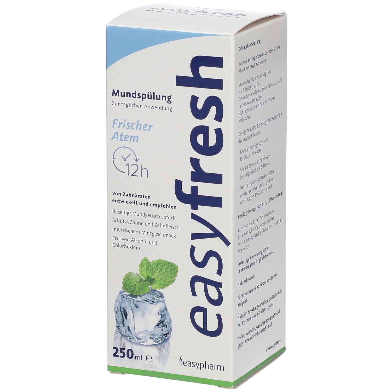Karton von easyfresh Mundspülung. Aufschrift: Frischer Atem, 12h, 250ml. Abbildung von Eiswürfel mit Minze.