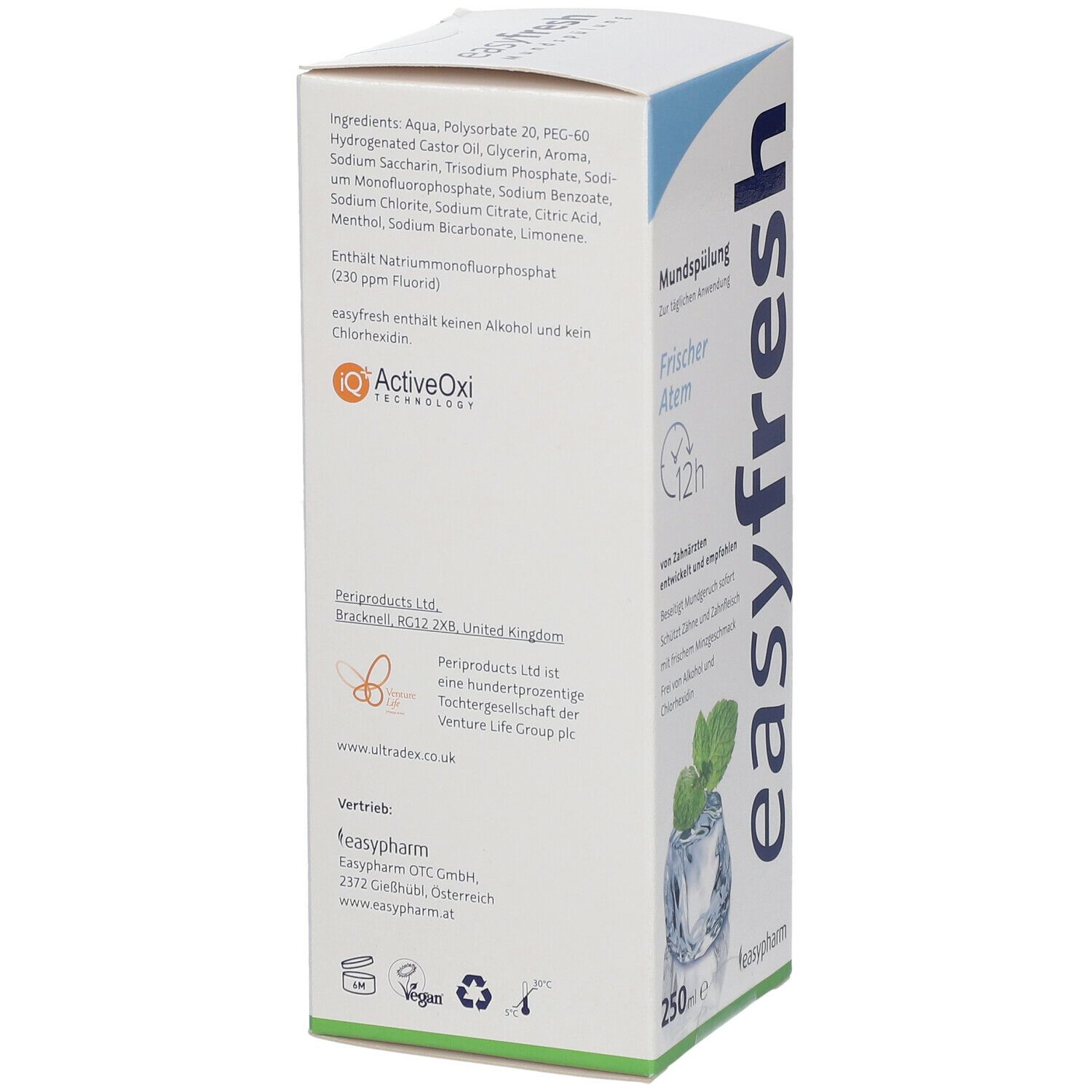 Rückseite der easyfresh Mundspülung-Verpackung. Inhaltsstoffe, ActiveOxi Technologie, Herstellerinformationen.