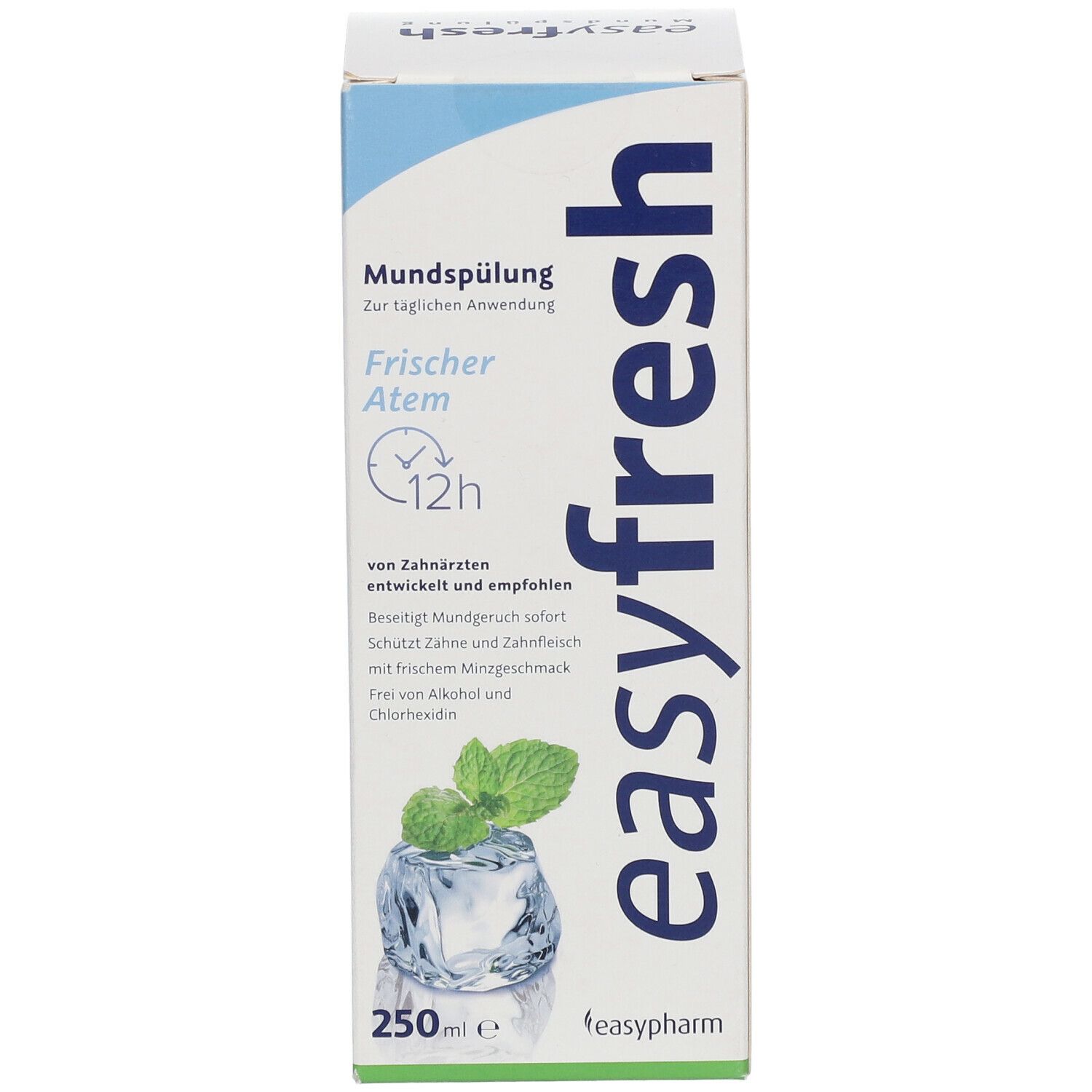 Karton von easyfresh Mundspülung. Aufschrift: Frischer Atem, 12h, 250ml. Abbildung von Eiswürfel mit Minze.