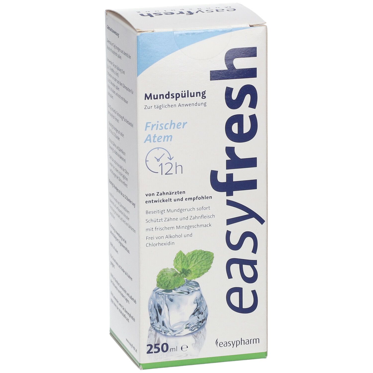 Karton von easyfresh Mundspülung. Aufschrift: Frischer Atem, 12h, 250ml. Abbildung von Eiswürfel mit Minze.