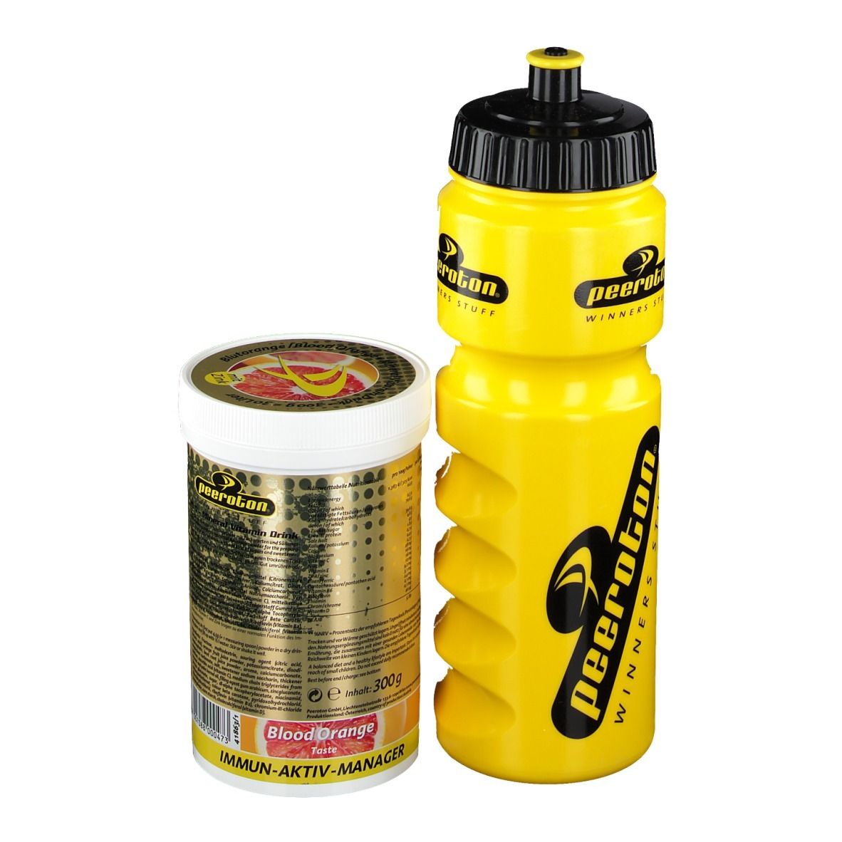 Gelbe Trinkflasche und Dose. Auf der Dose steht "MVD Mineral Vitamin Drink Blutorange". Die Flasche hat den Schriftzug "peeroton".