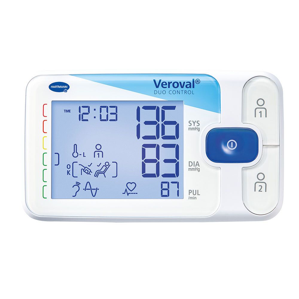 Blutdruckmessgerät Veroval Duo Control. Digitalanzeige mit Messwerten. Blaue und weiße Farbgebung. Knöpfe für Benutzer 1 und 2.