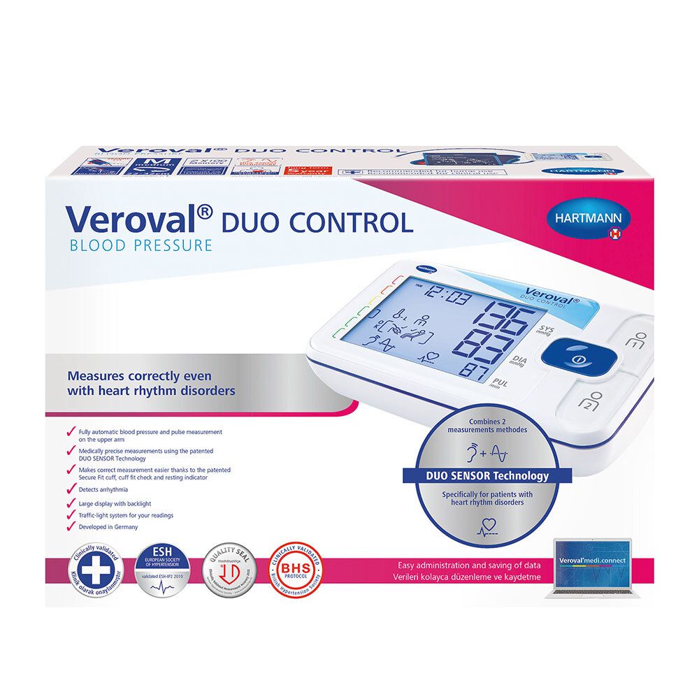 Veroval Duo Control Blutdruckmessgerät in Verpackung. Produkt und Verpackung mit Text und Logos. Zertifizierungen.
