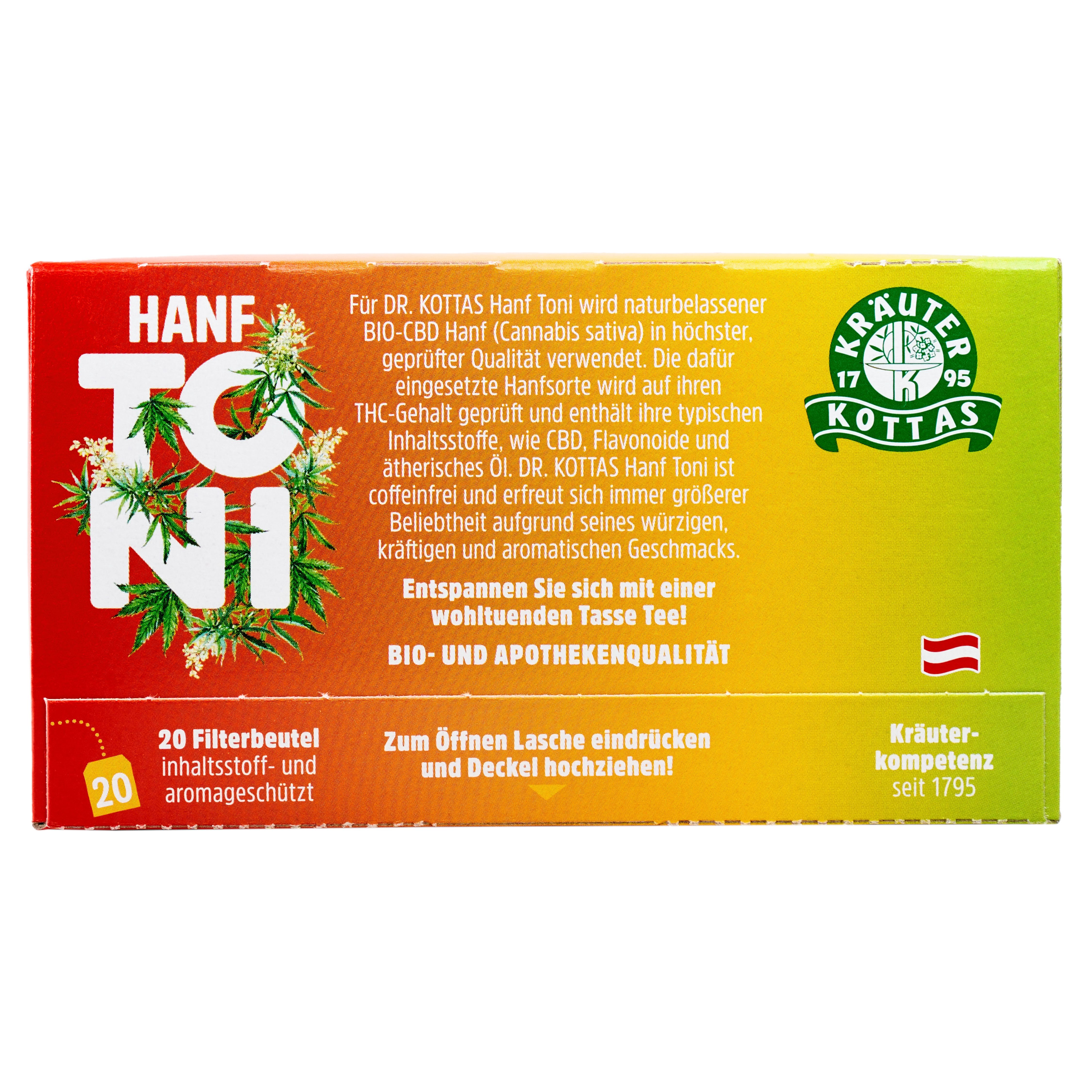 Rückseite der DR. KOTTAS Hanf Toni Verpackung mit Produktinformationen und 20 Filterbeuteln.