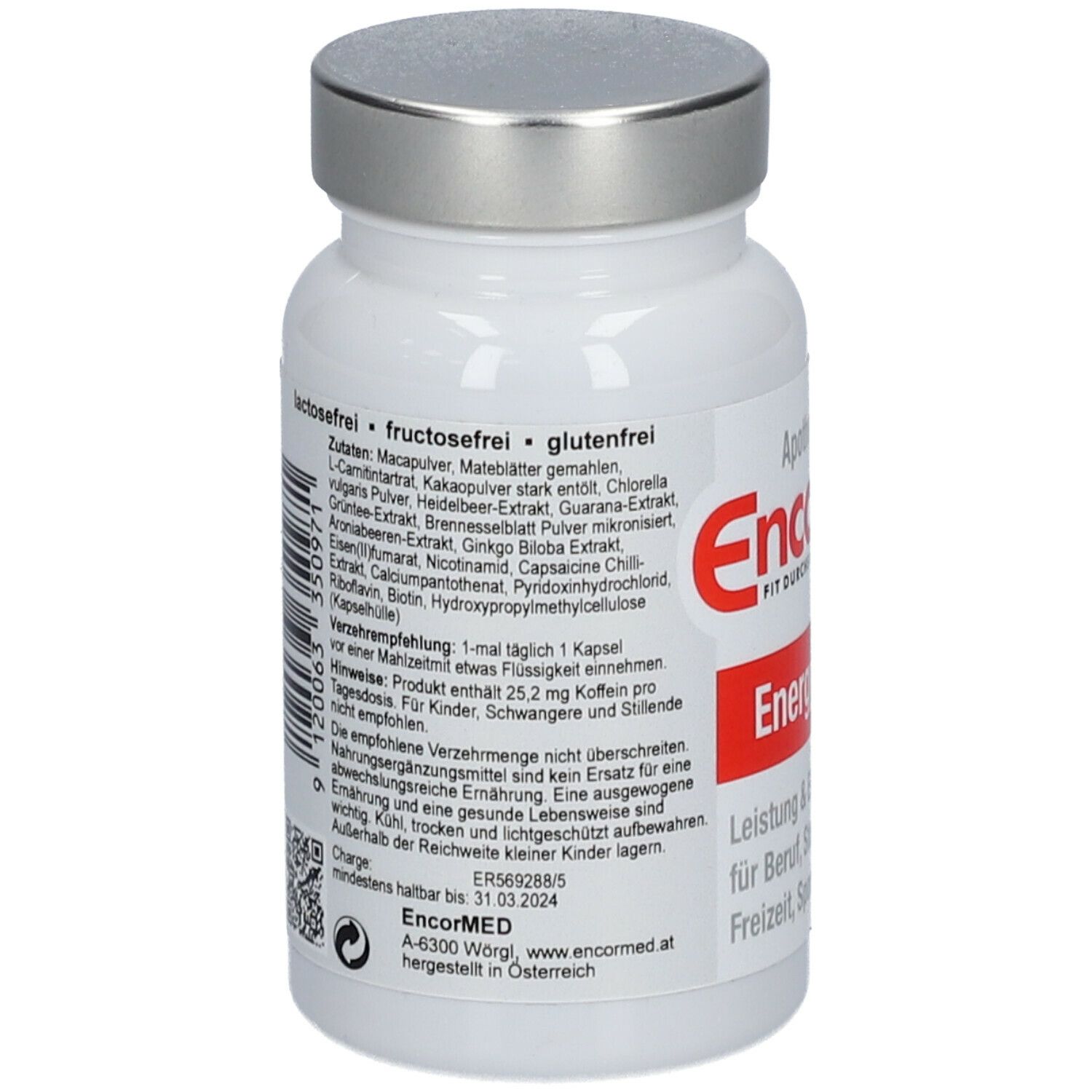 Weiße Flasche mit silbernem Deckel. Rückseite mit Zutatenliste und Text. "EncorMED Energy Formula".
