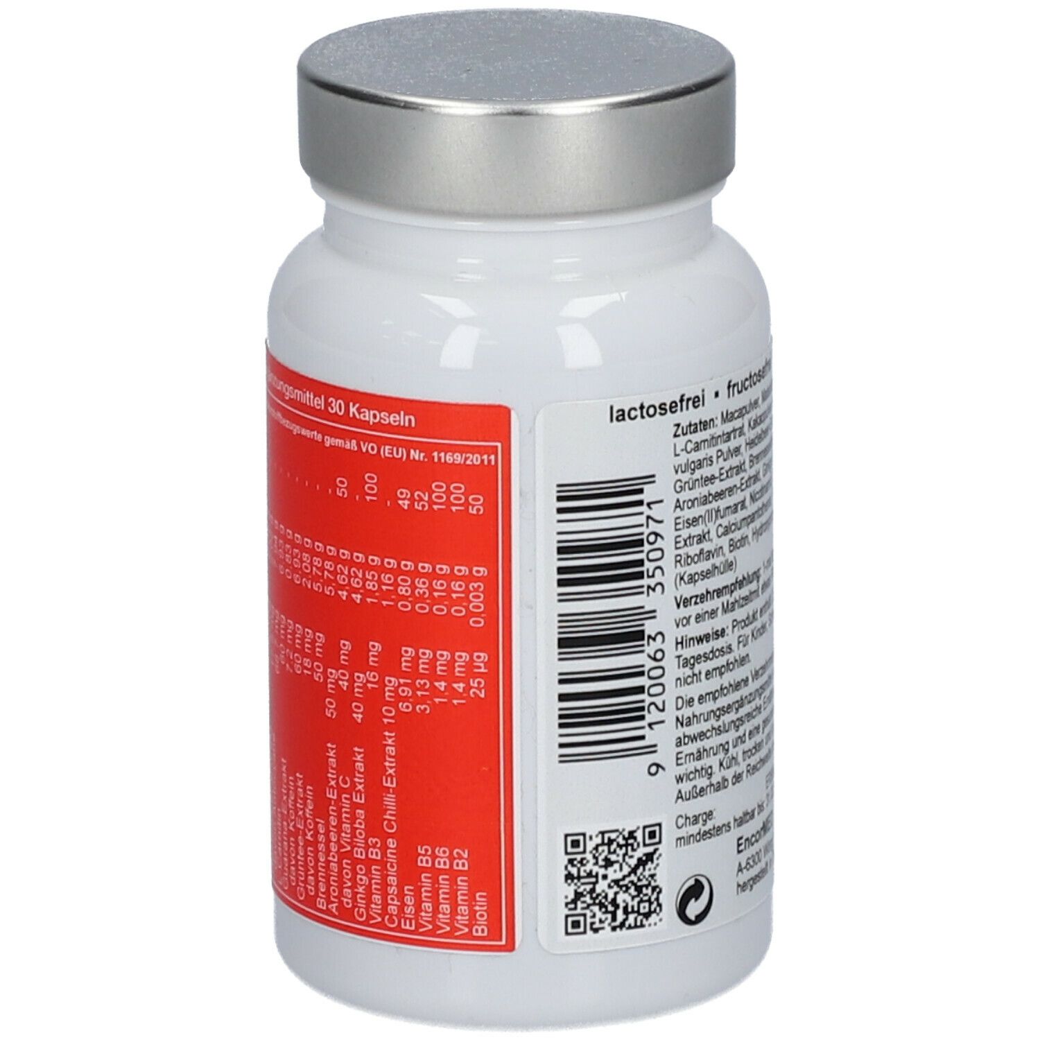 Weiße Flasche mit silbernem Deckel. Rückseite mit Nährwertangaben und Text. "EncorMED Energy Formula".