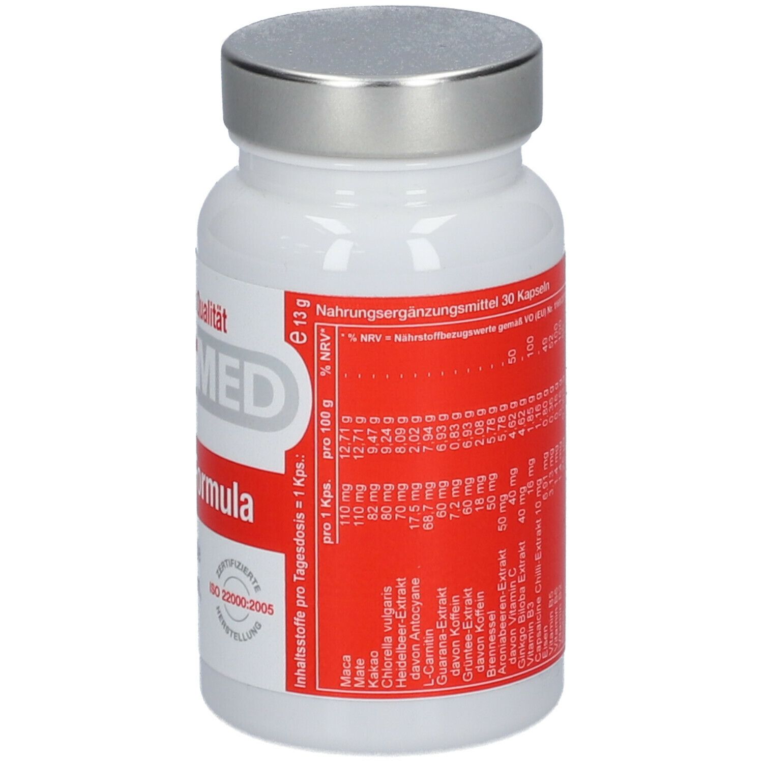 Weiße Flasche mit silbernem Deckel. Rückseite mit Nährwertangaben und Text. "EncorMED Energy Formula".