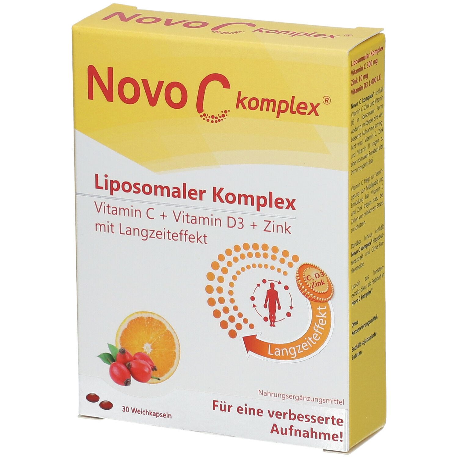 Gelbe Schachtel mit Novo C komplex®. Liposomaler Komplex mit Vitamin C, D3 und Zink. 30 Weichkapseln.