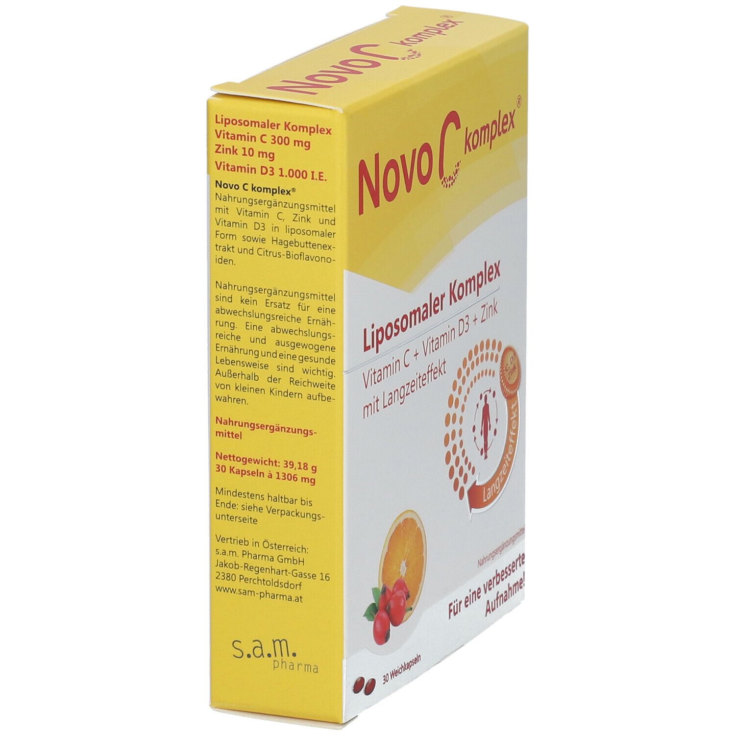 Gelbe Schachtel Novo C komplex®. Liposomaler Komplex mit Vitamin C, D3 und Zink. Text auf der Seite.