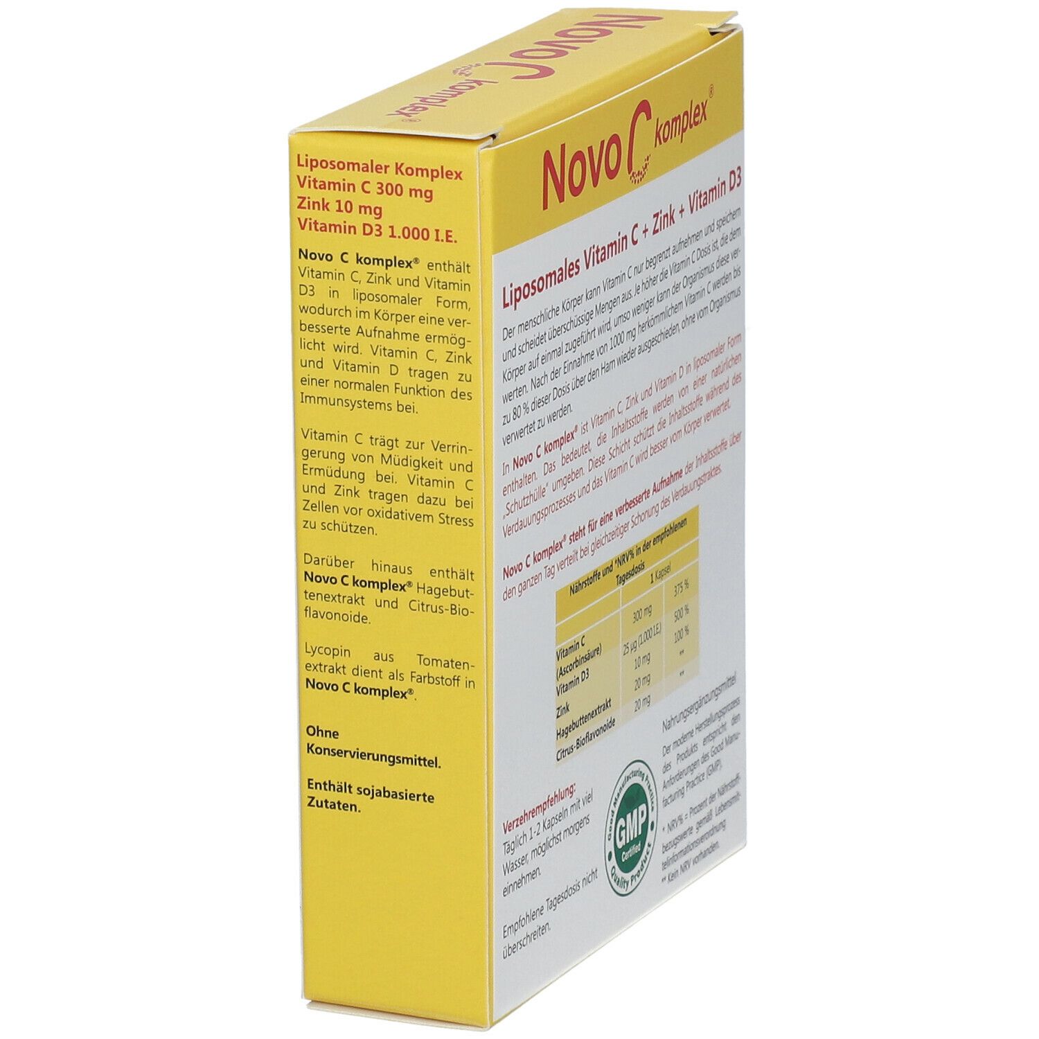 Gelbe Schachtel Novo C komplex®. Text mit Inhaltsstoffen und GMP-Zertifizierung. Seitenansicht.