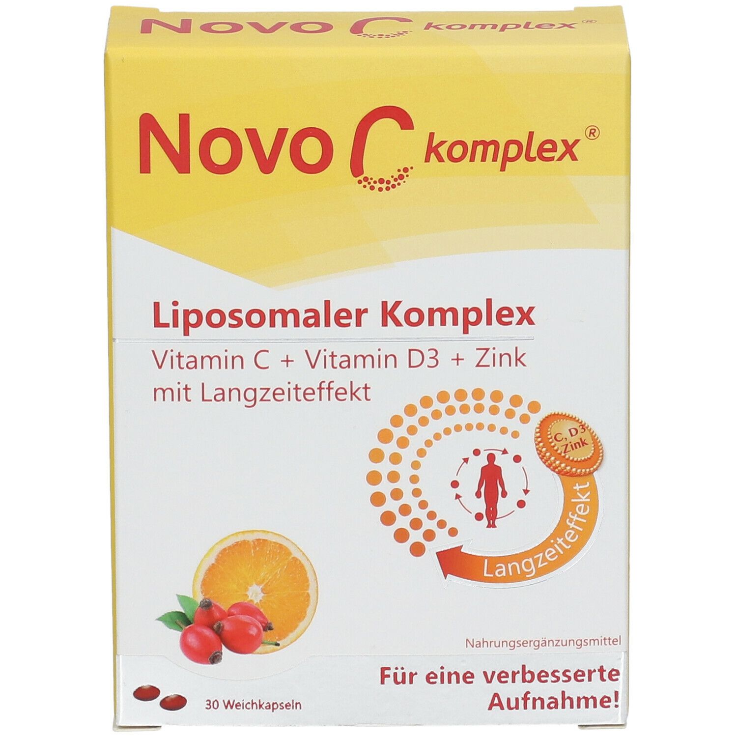 Gelbe Schachtel Novo C komplex®. Liposomaler Komplex mit Vitamin C, D3 und Zink. 30 Weichkapseln.