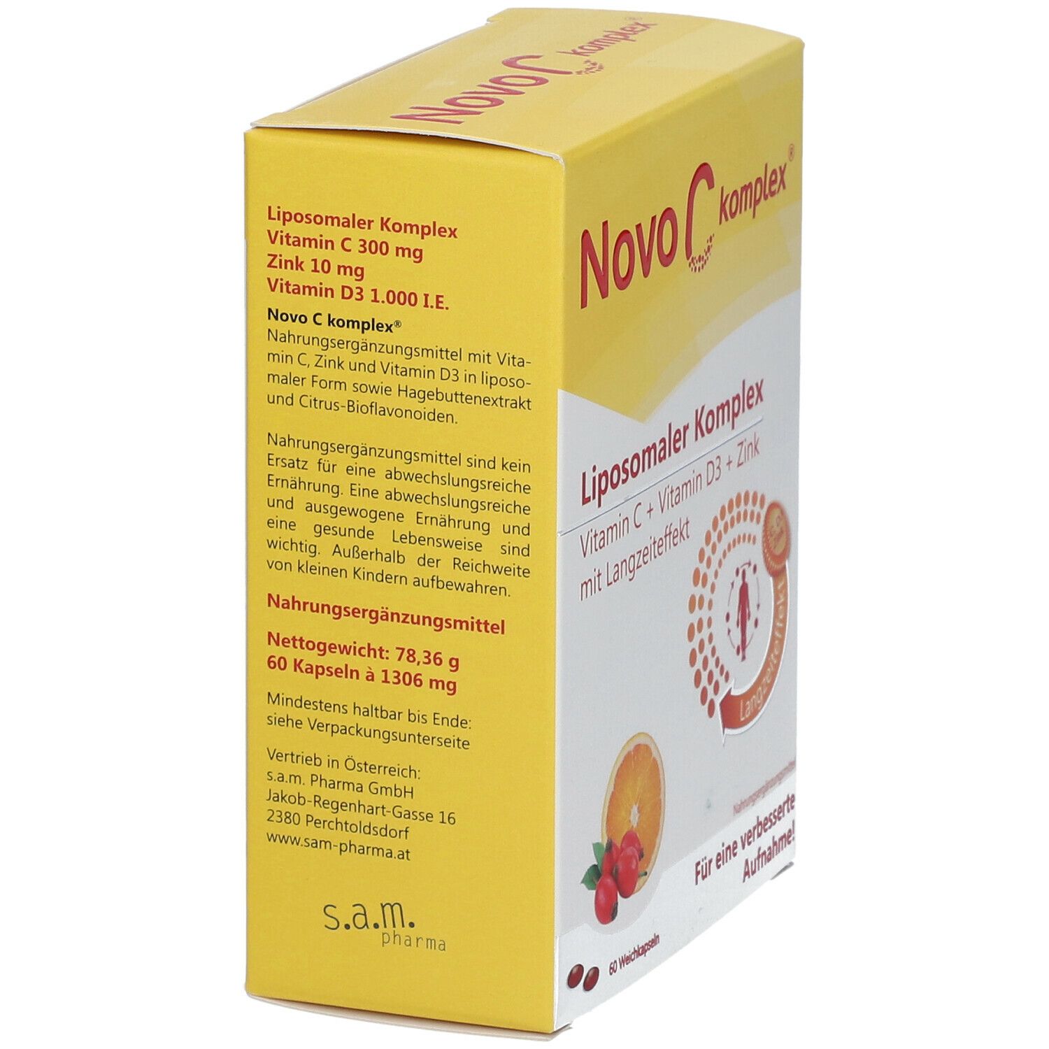 Gelbe Schachtel "Novo C komplex®" in Schrägansicht. Aufschrift: Liposomaler Komplex, Vitamin C, D3, Zink. Text und Nährwertangaben.