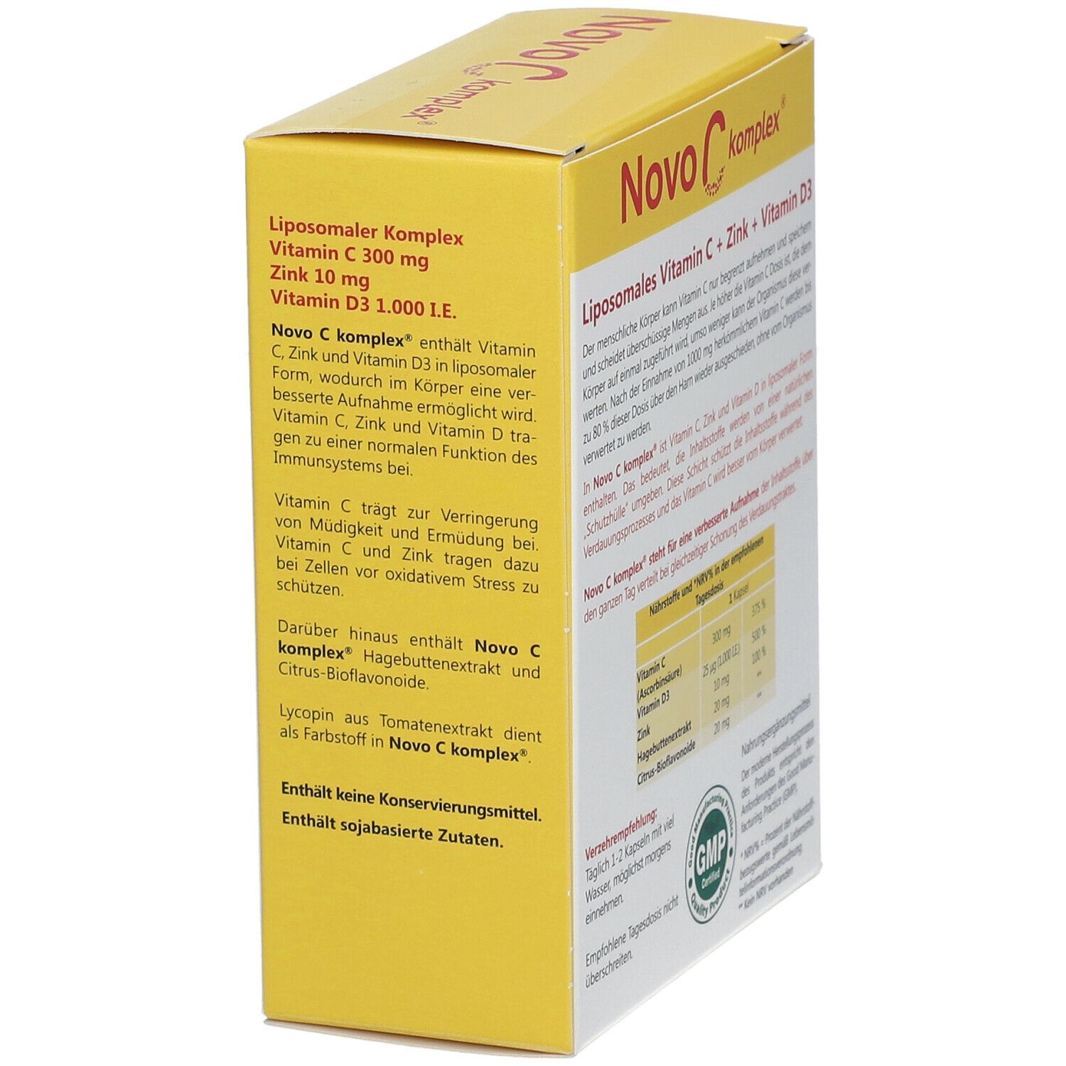 Gelbe Schachtel "Novo C komplex®" in Schrägansicht. Text mit Inhaltsstoffen und Nährwertangaben. GMP-Siegel.