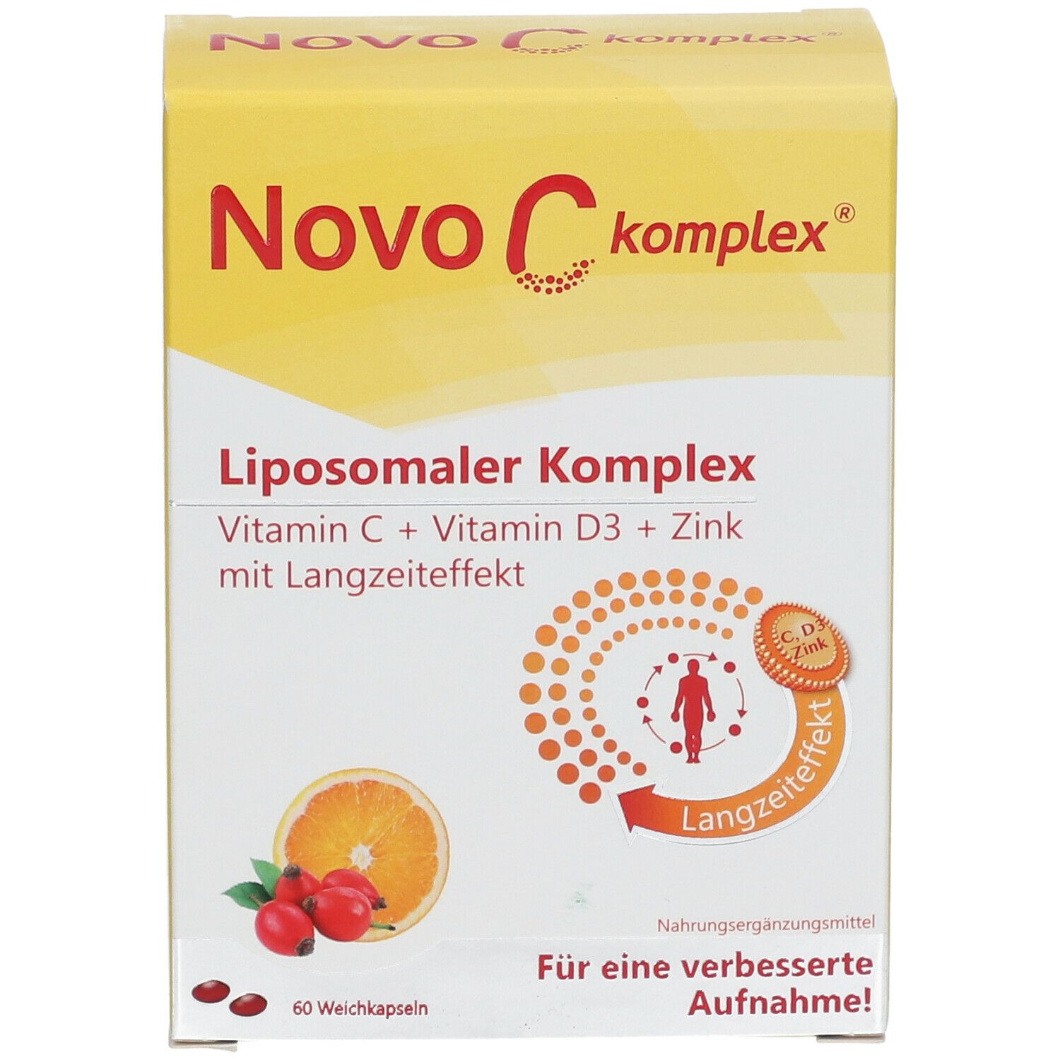 Gelbe Schachtel "Novo C komplex®". Aufschrift: Liposomaler Komplex, Vitamin C, D3, Zink. Abbildung einer Orange und Hagebutte.