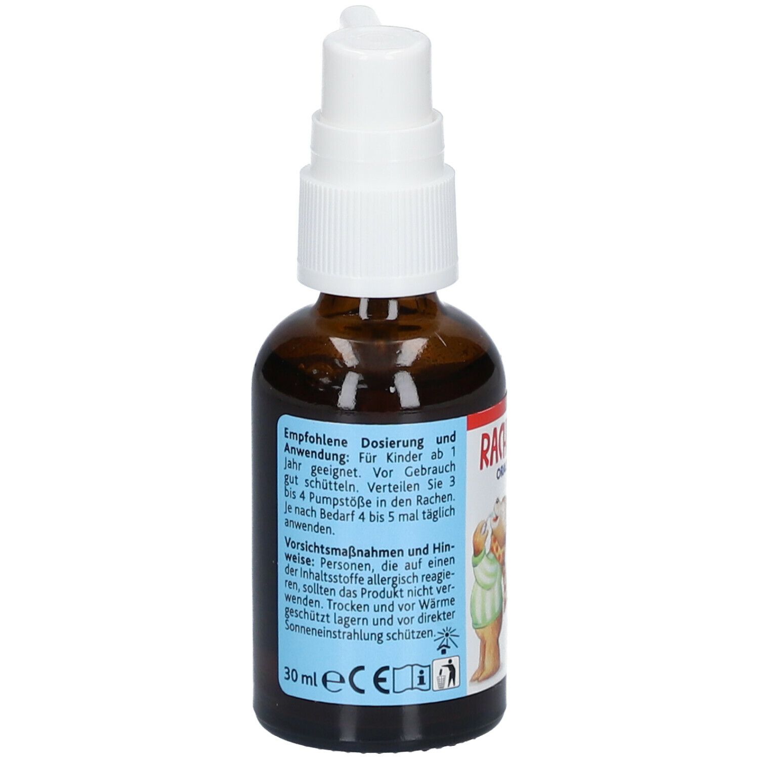 Rückseite einer braunen Glasflasche mit weißem Sprühkopf. Etikett mit Informationen und 30 ml Angabe.