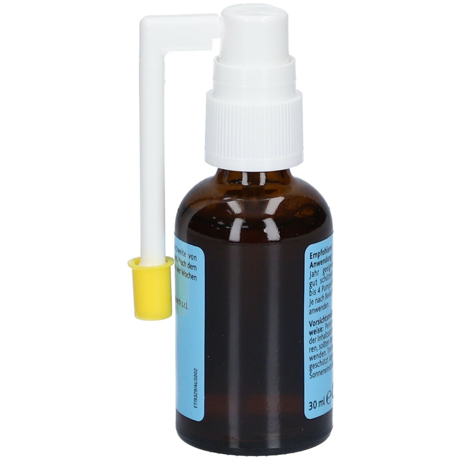 Braune Glasflasche mit weißem Sprühkopf und gelber Schutzkappe. Etikett mit Produktinformationen und 30 ml Angabe.