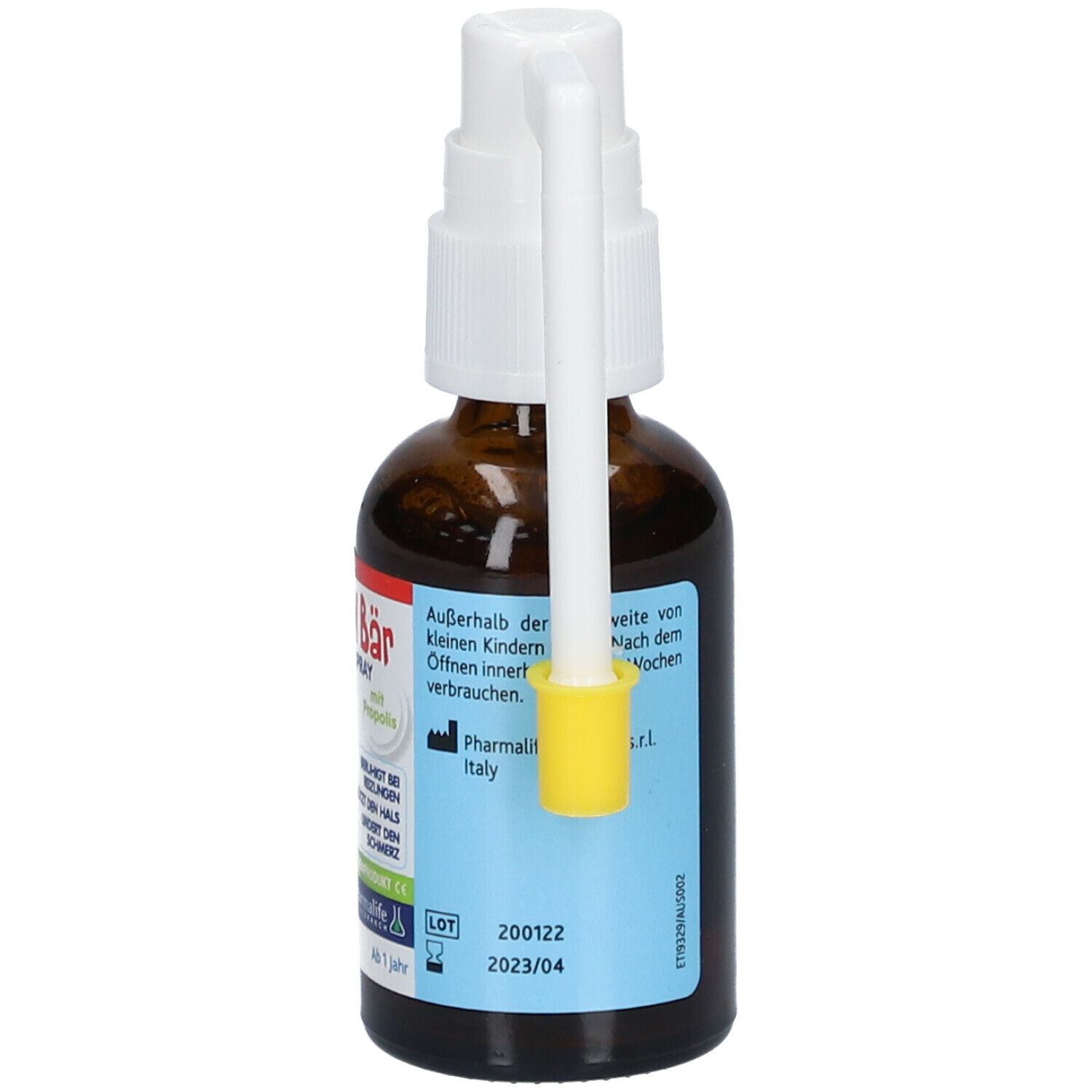 Braune Glasflasche mit weißem Sprühkopf und gelber Schutzkappe. Etikett mit Produktinformationen und Chargennummer.
