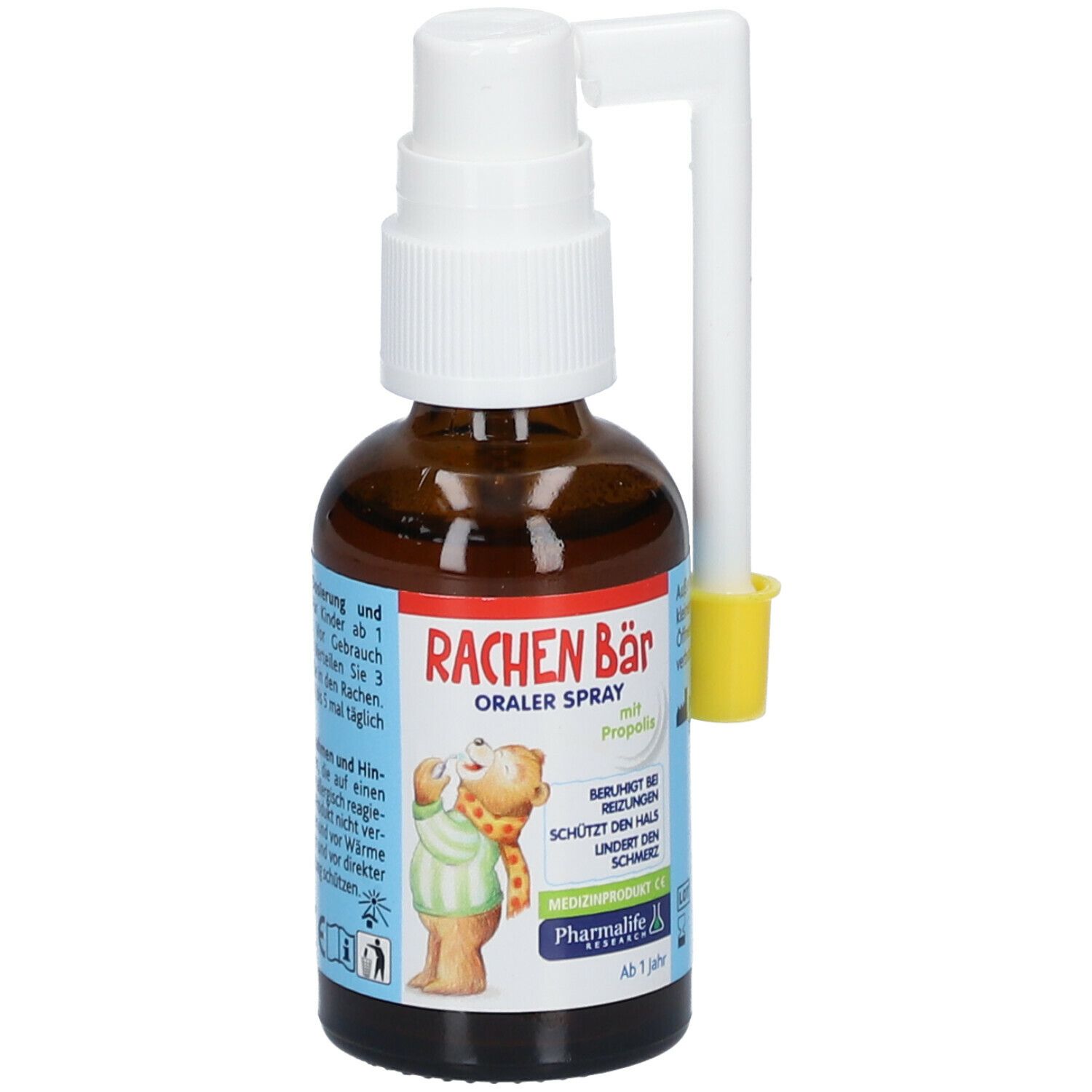 Braune Glasflasche mit weißem Sprühkopf und gelber Schutzkappe. Etikett mit Bär-Illustration und Produktnamen.