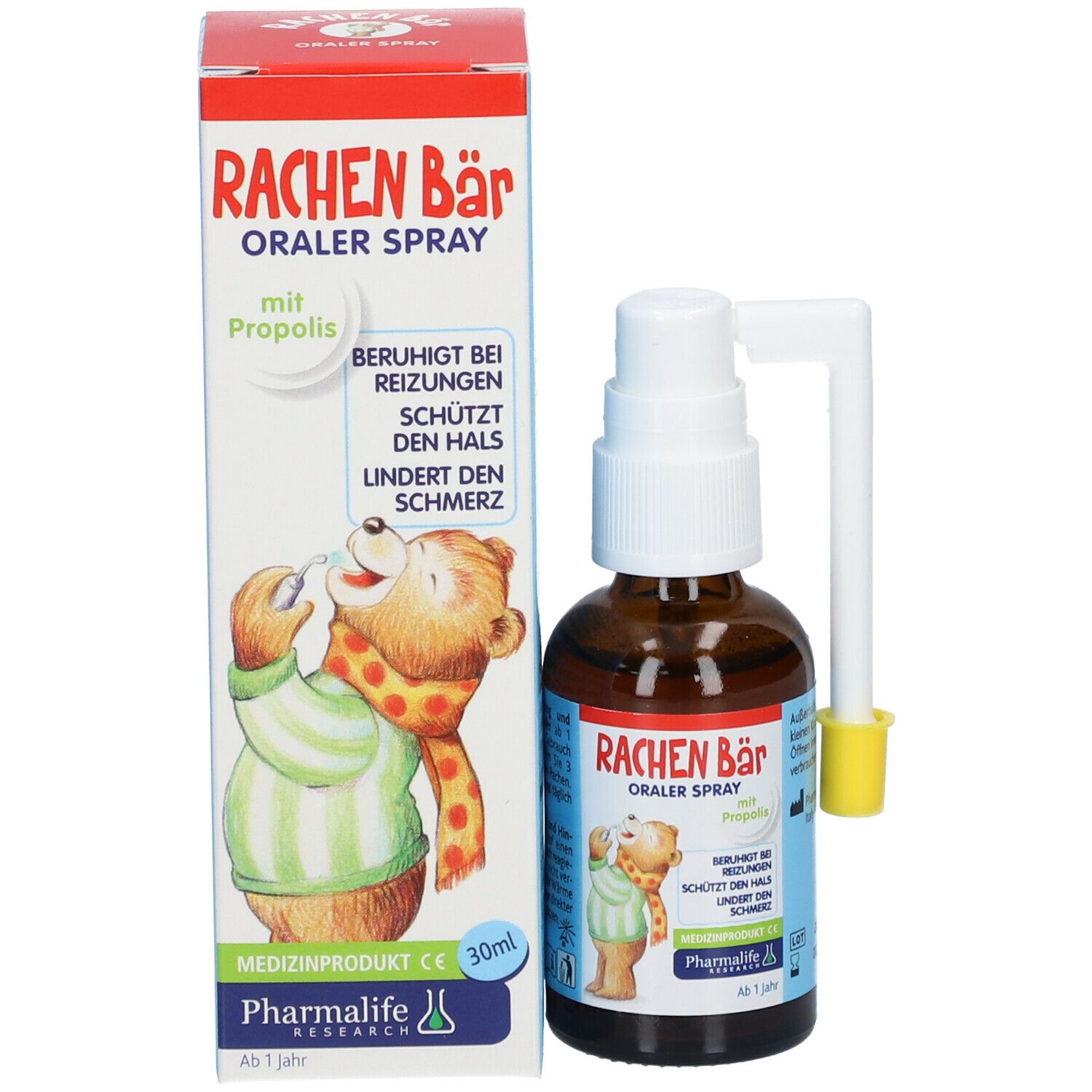 Produktflasche und Schachtel. Schachtel mit Bär-Illustration und Produktnamen. Flasche mit Sprühkopf.