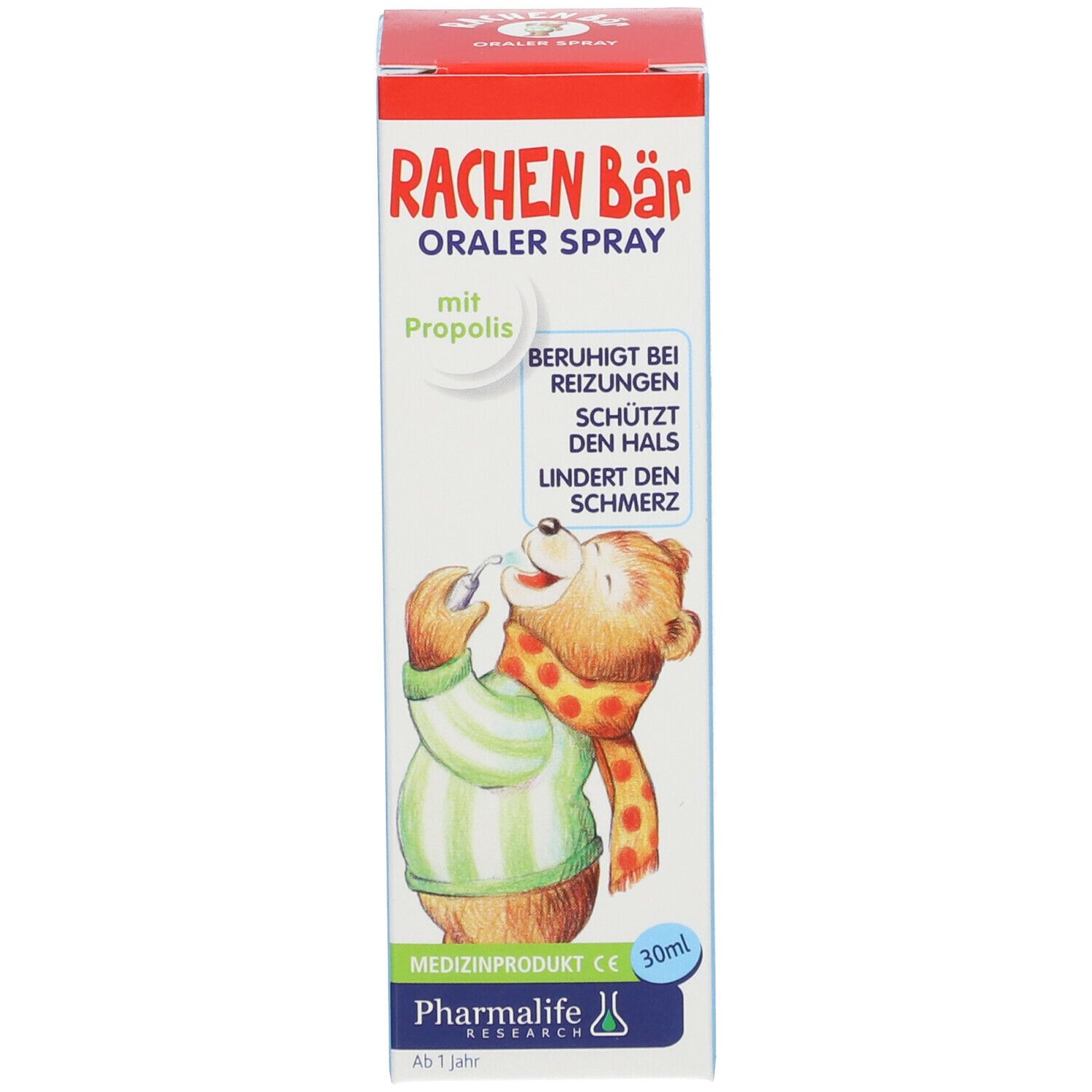 Produktverpackung. Rechteckige Schachtel mit Bär-Illustration und Produktnamen. Rote und weiße Farbgebung.
